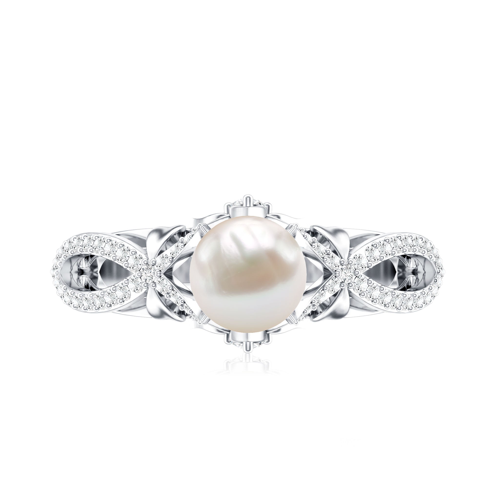 Cultured 2 Carat Freshwater Pearl Solitaire Engagement Ring with Diamond Crossover Shank AAA - Rosec Jewels