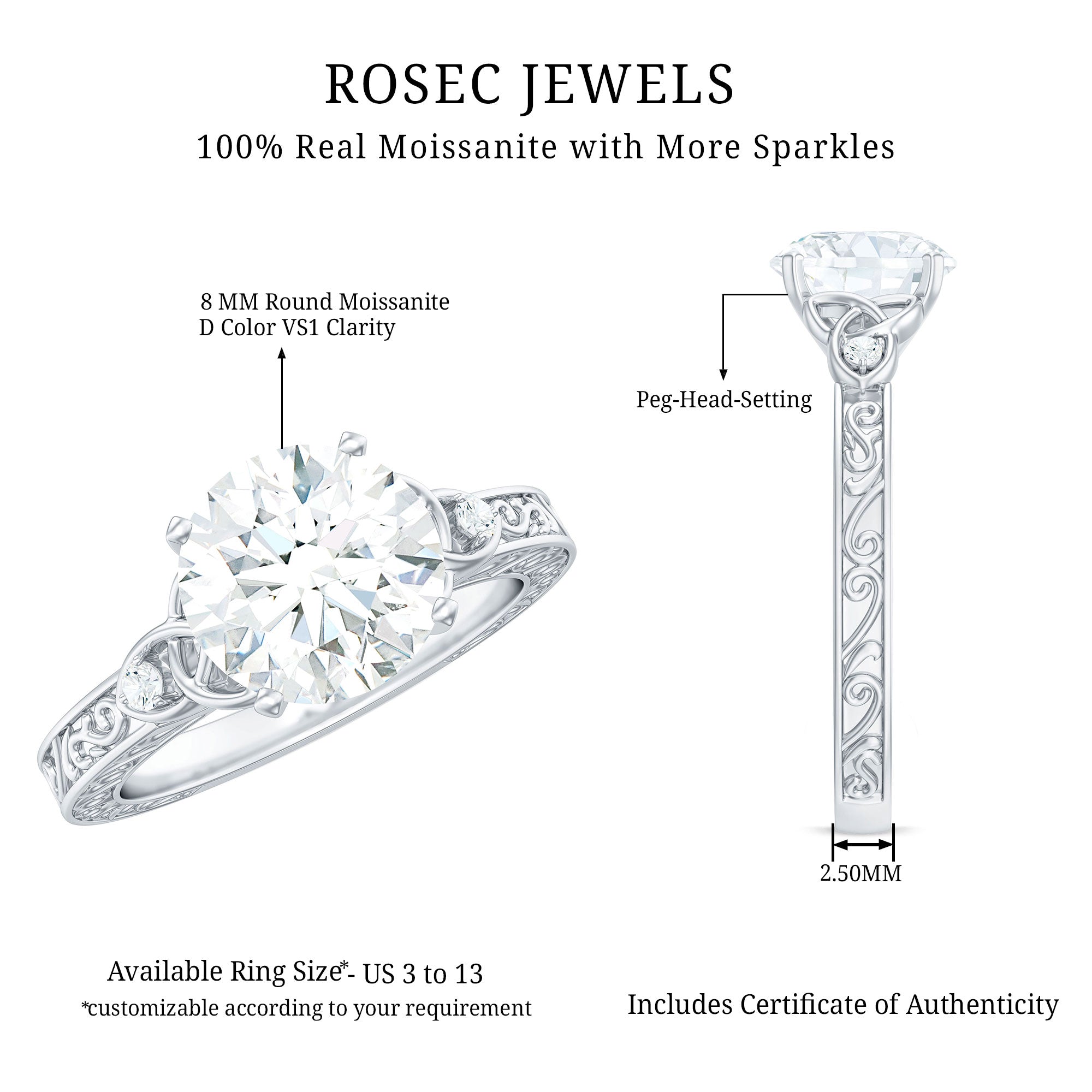 Antique Looking Round Moissanite Celtic Knot Engagement Ring D-VS1 - Rosec Jewels