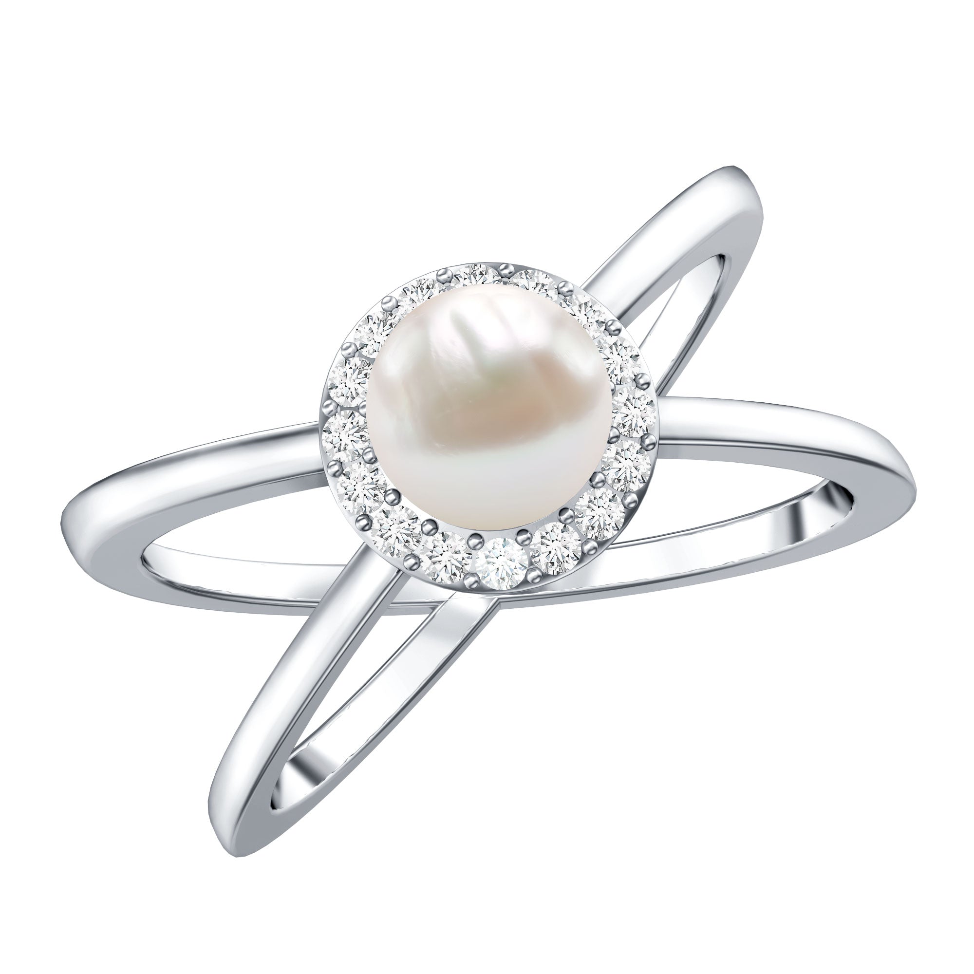 Rosec Jewels-Real 2 Carat Freshwater Pearl Diamond Halo Engagement Ring with Criss Cross Shank