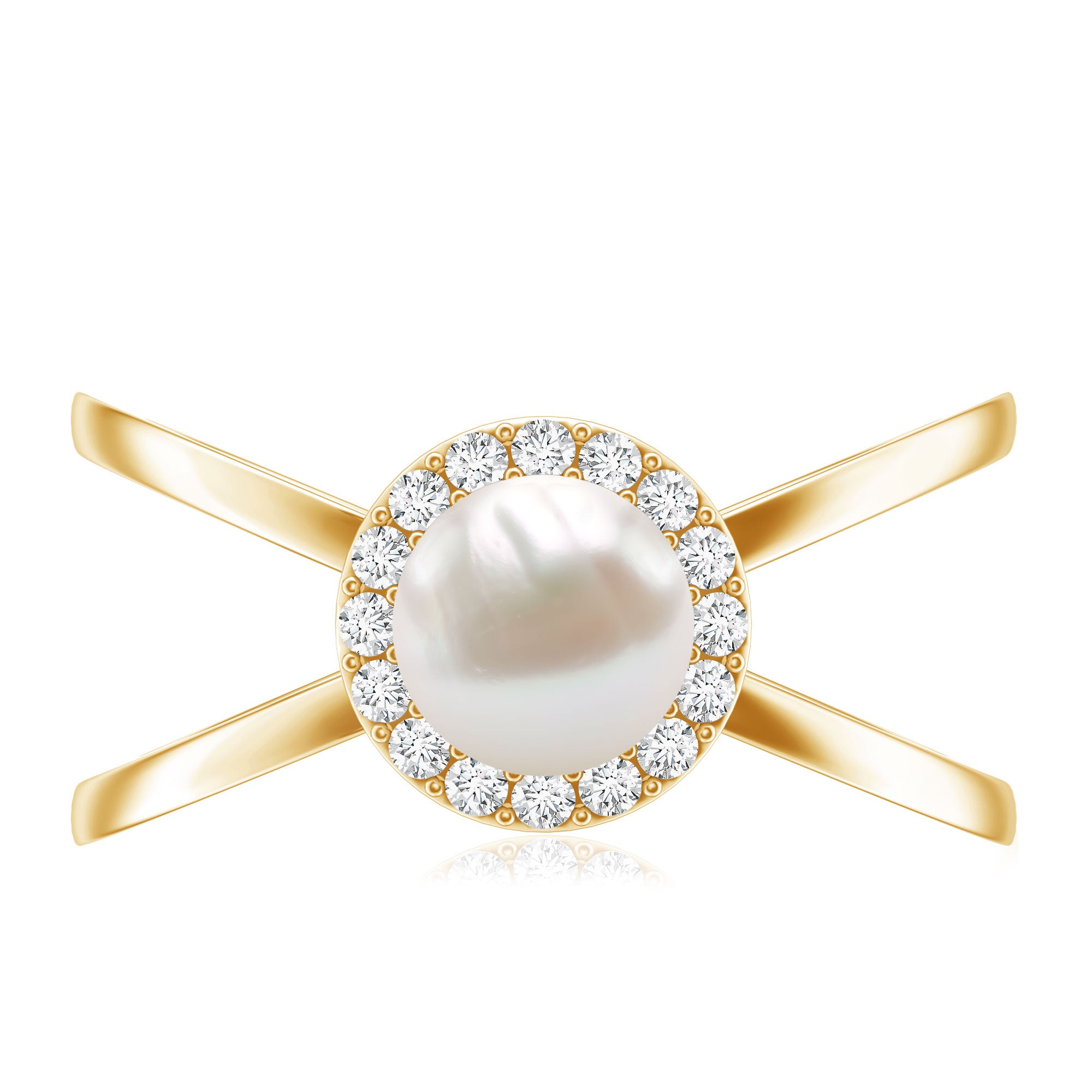 Rosec Jewels-Real 2 Carat Freshwater Pearl Diamond Halo Engagement Ring with Criss Cross Shank