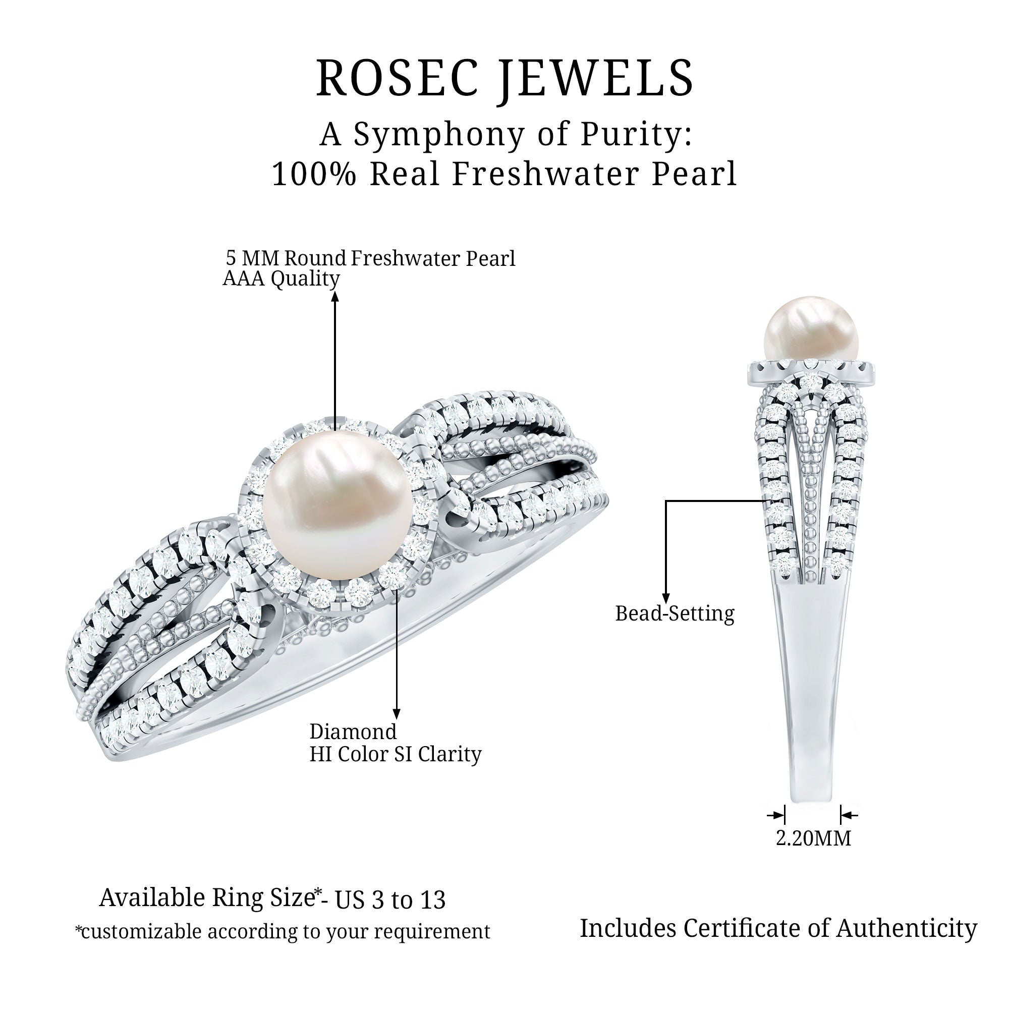 Rosec Jewels-2.50 CT Freshwater Pearl and Diamond Engagement Ring with Beaded Gold