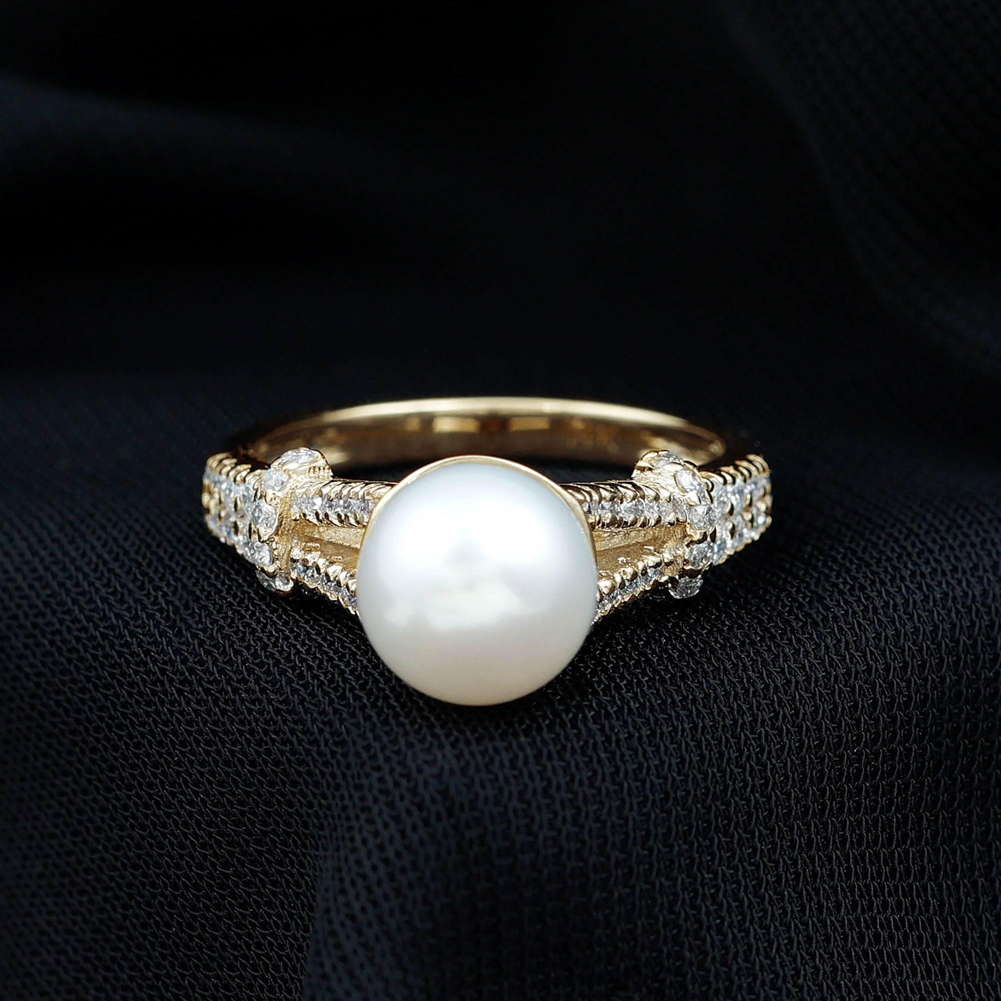Rosec Jewels-Cultured 7.4 Carat Freshwater Pearl Engagement Ring with Lab Diamonds