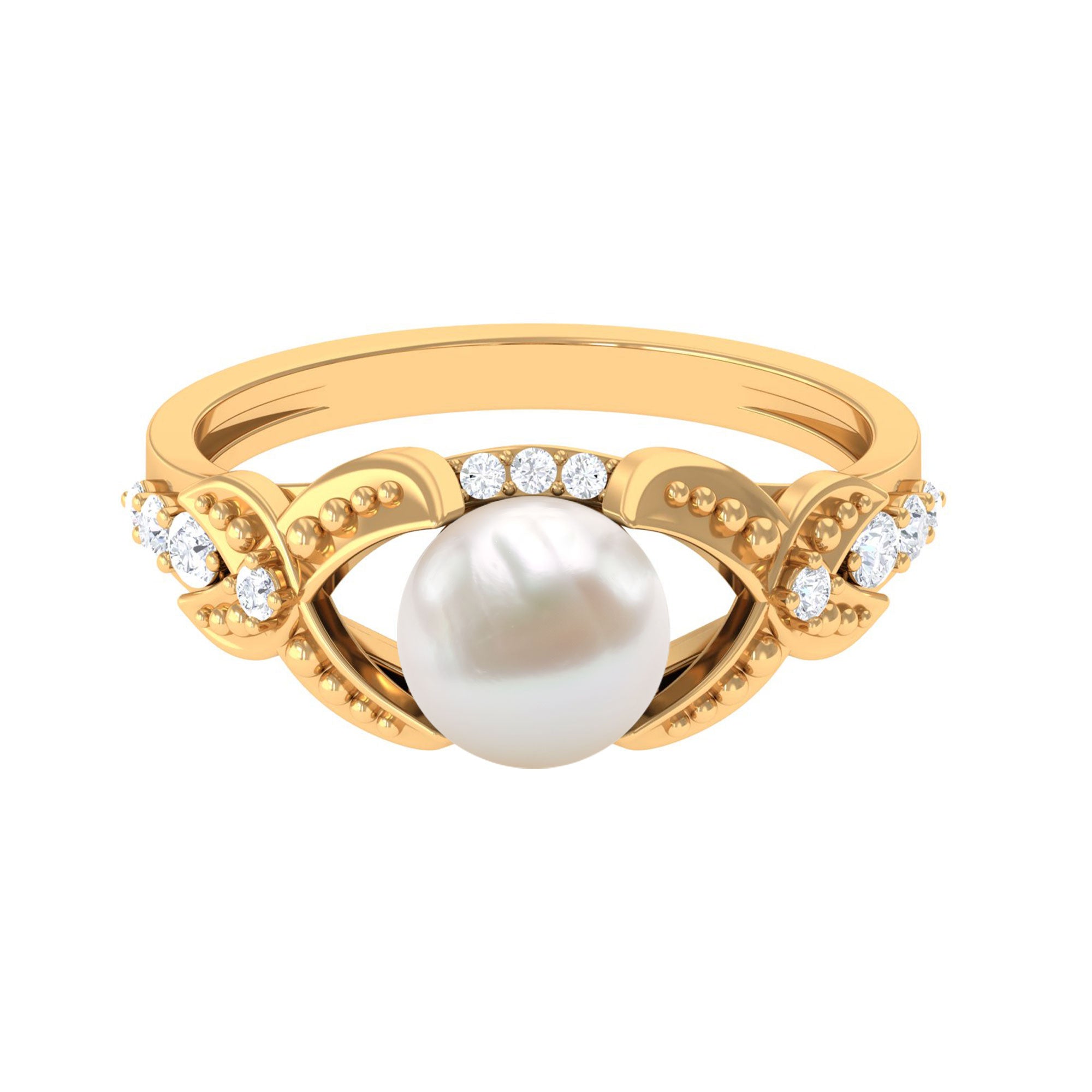 Vintage Style 3 Carat Freshwater Pearl Engagement Ring with Diamond Split Shank AAA - Rosec Jewels