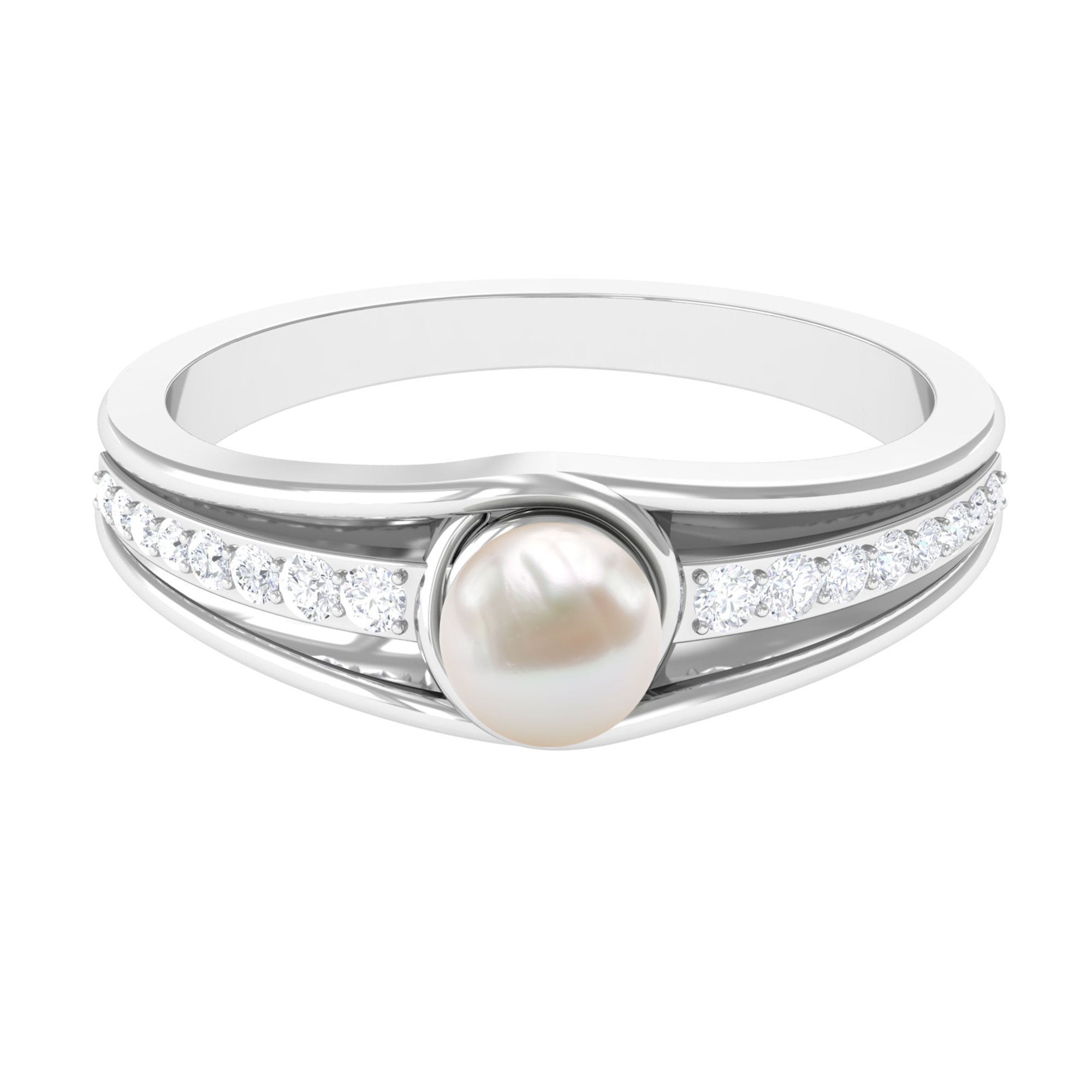Cultured 2 Carat Freshwater Pearl Engagement Ring with Diamond AAA - Rosec Jewels