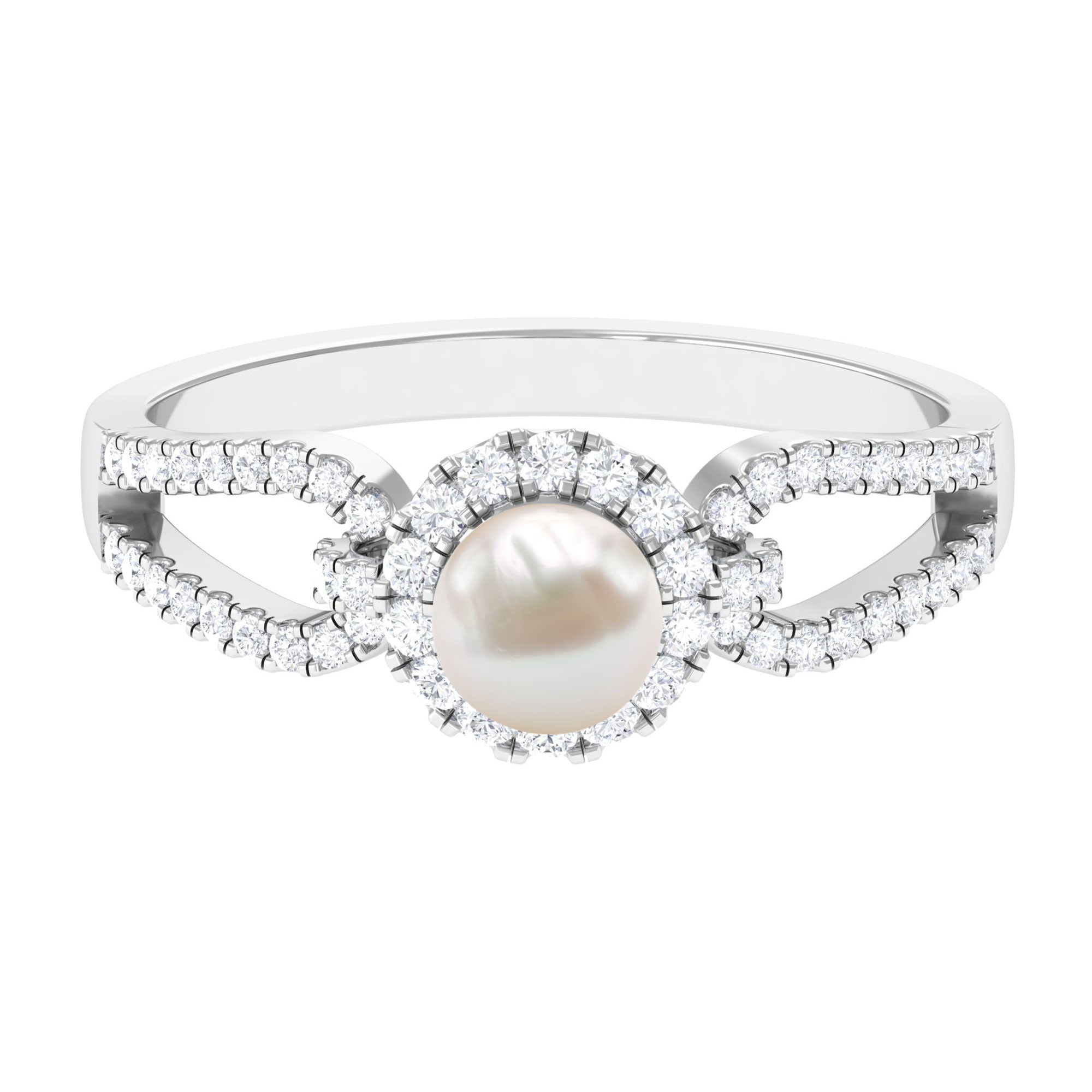 Rosec Jewels-2.50 CT Freshwater Pearl and Diamond Engagement Ring with Split Shank