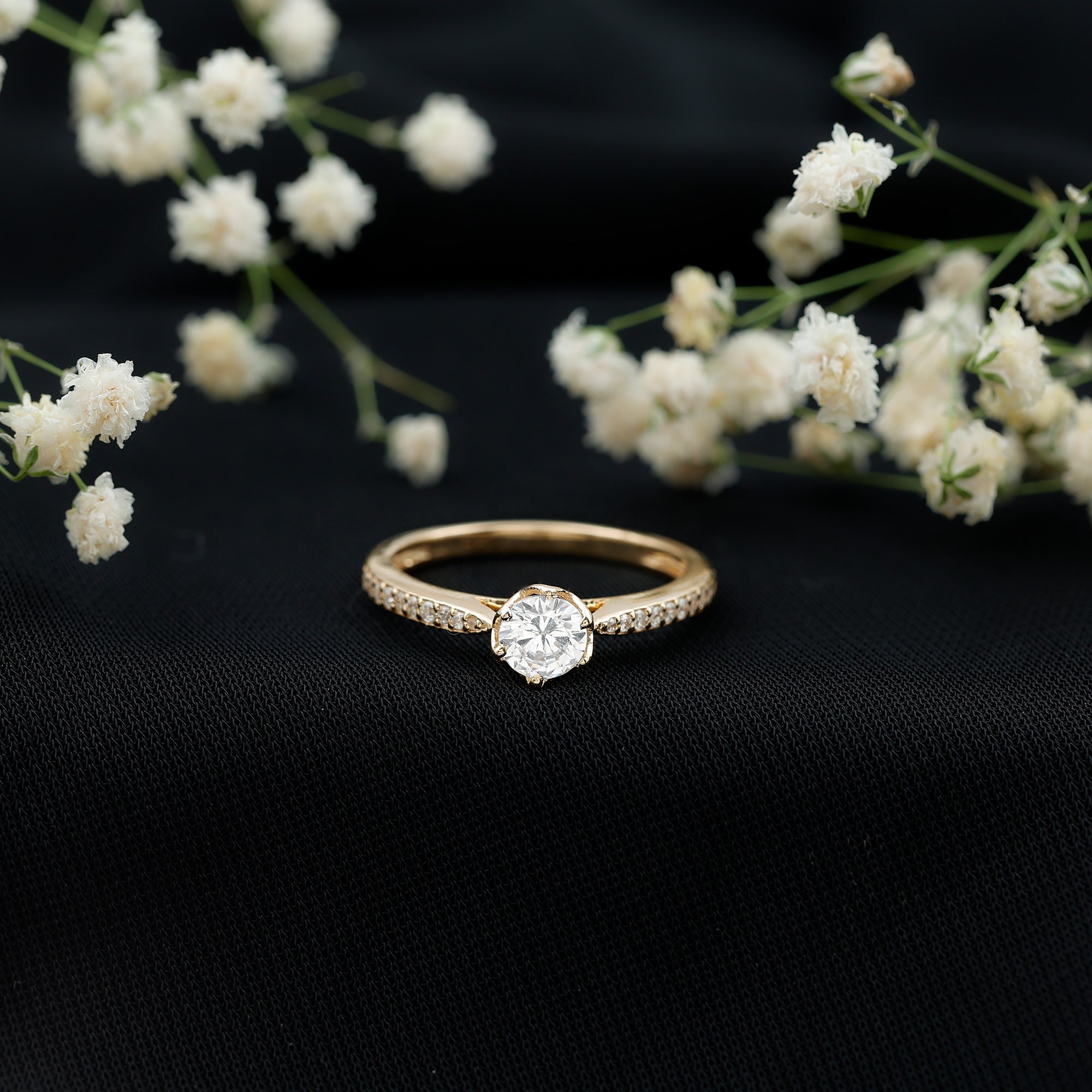 Rosec Jewels-Lotus Basket Set Cubic Zirconia Engagement Ring with Side Stones