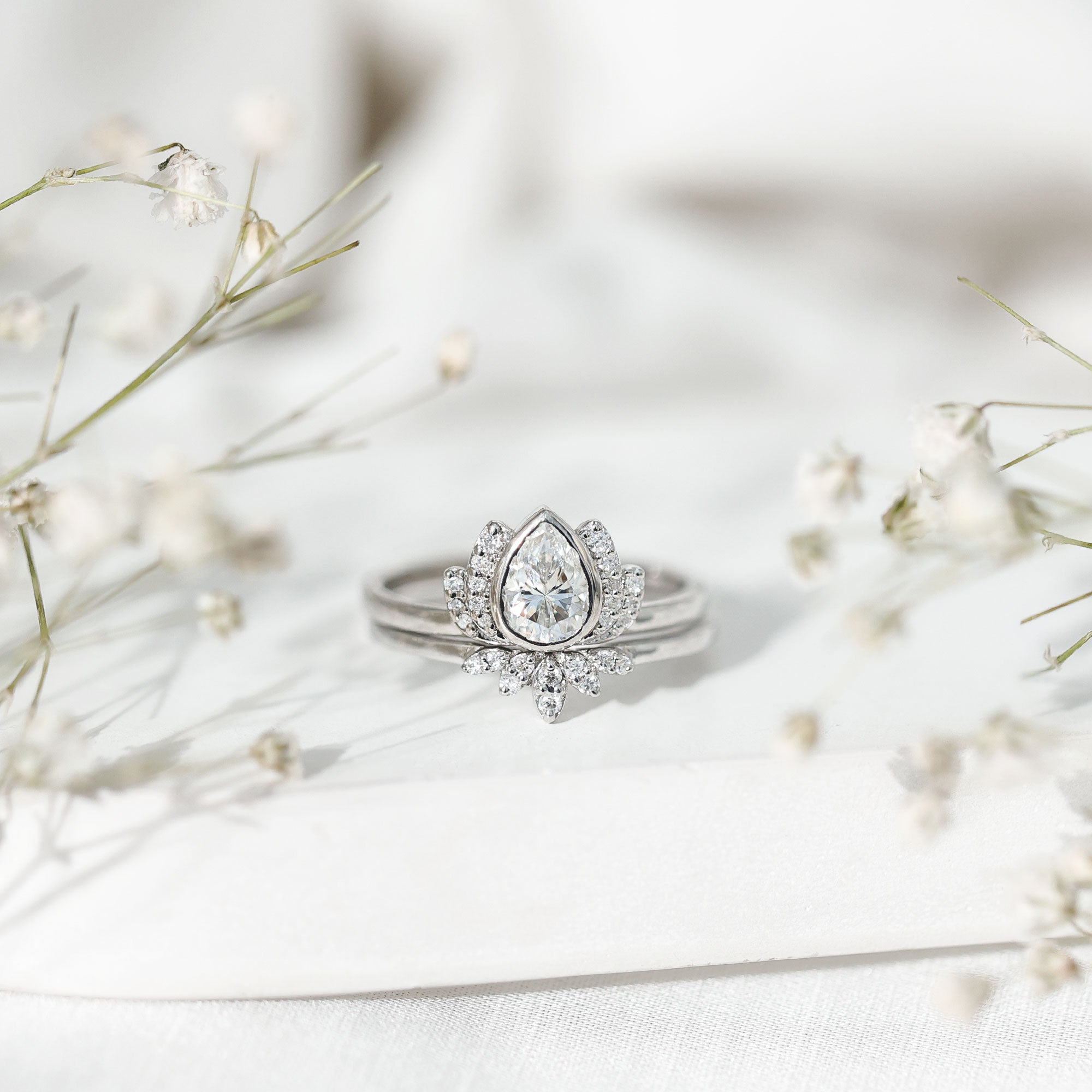 Certified Zircon Lotus Floral Bridal Wedding Ring Set AAAA - Rosec Jewels