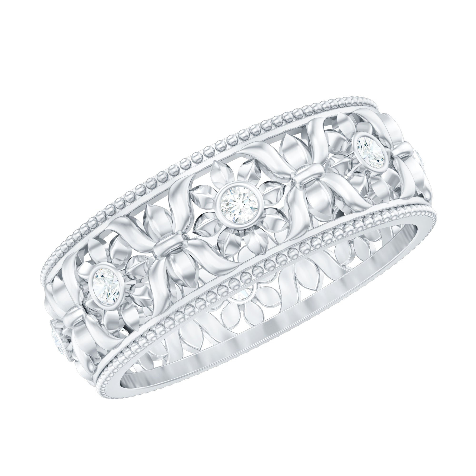 Flower Inspired Zircon Filigree Wedding Band AAAA - Rosec Jewels