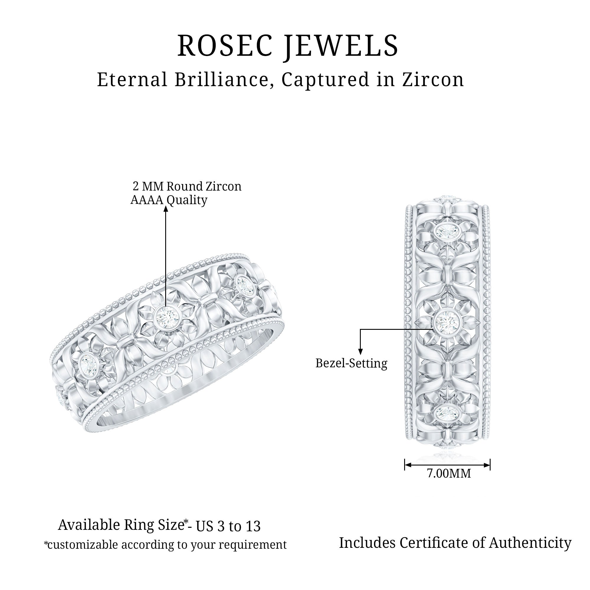 Flower Inspired Zircon Filigree Wedding Band AAAA - Rosec Jewels