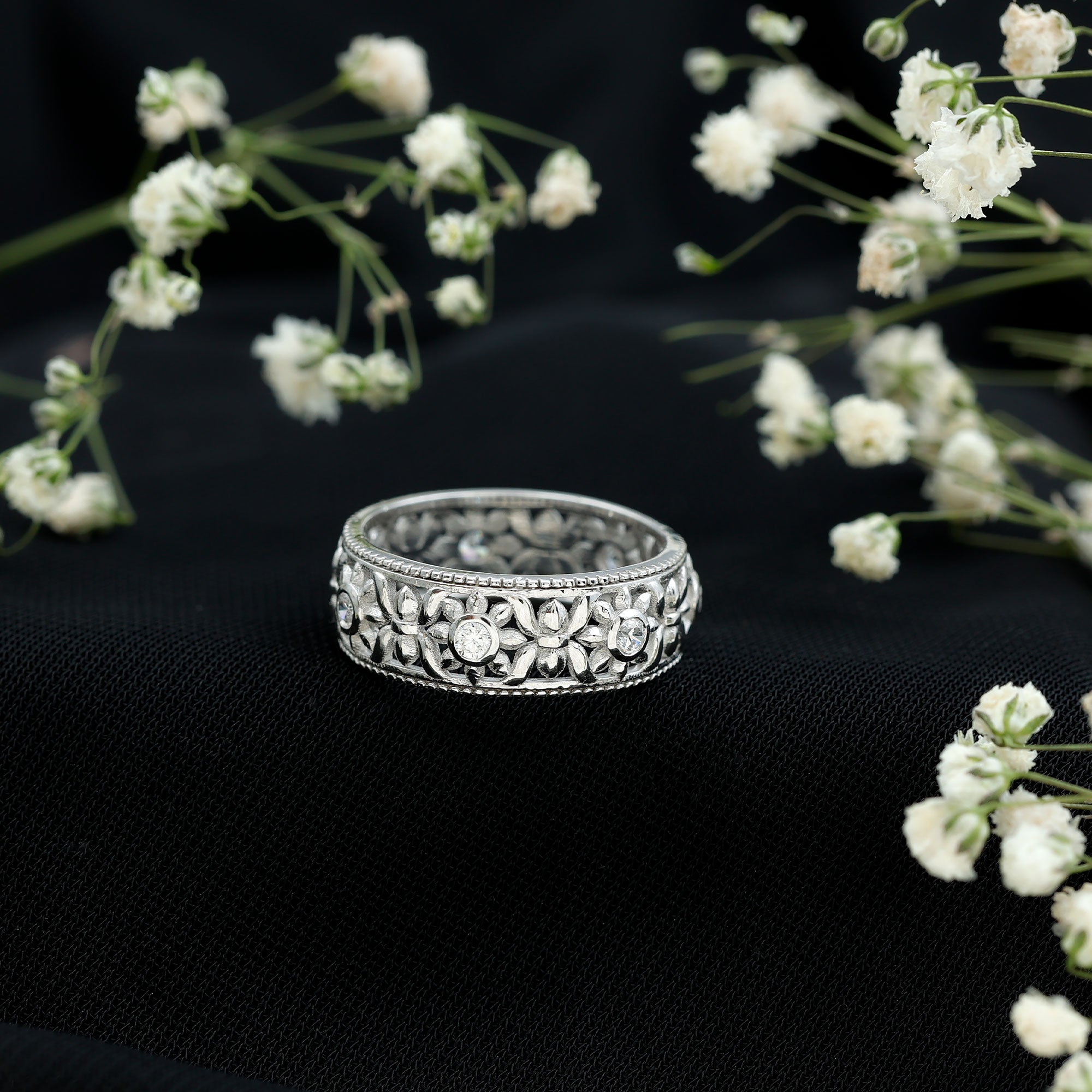 Flower Inspired Zircon Filigree Wedding Band AAAA - Rosec Jewels