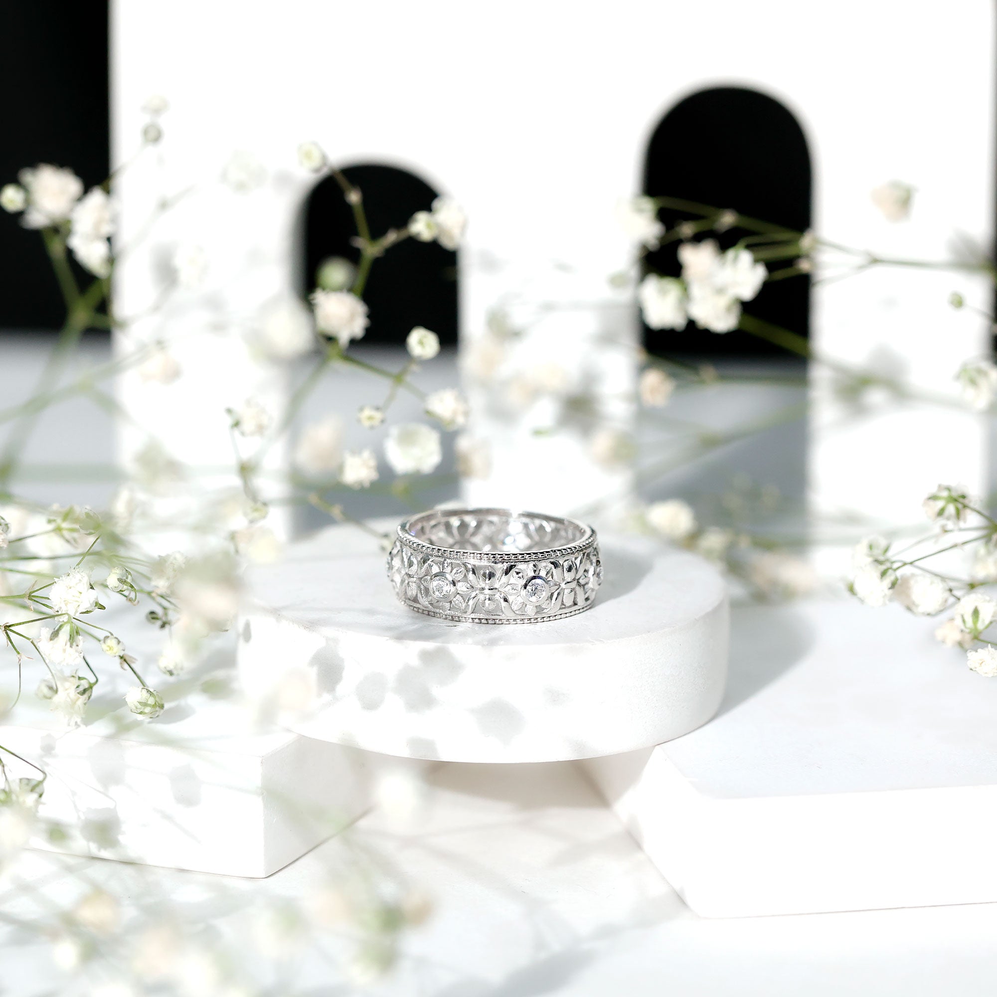 Flower Inspired Zircon Filigree Wedding Band AAAA - Rosec Jewels
