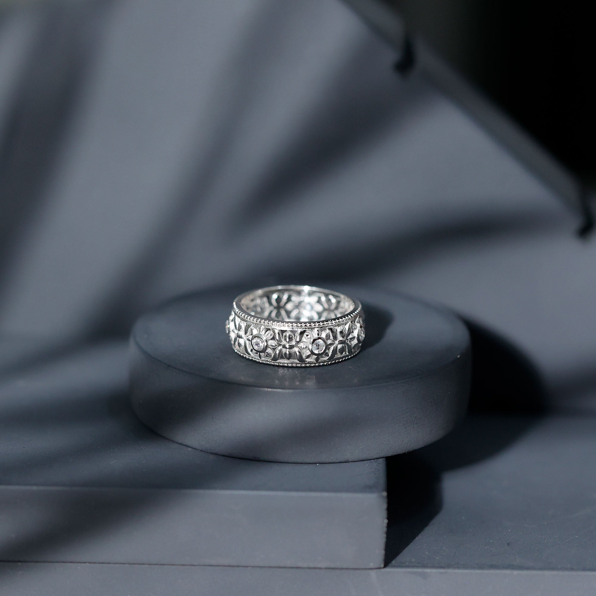 Flower Inspired Zircon Filigree Wedding Band AAAA - Rosec Jewels