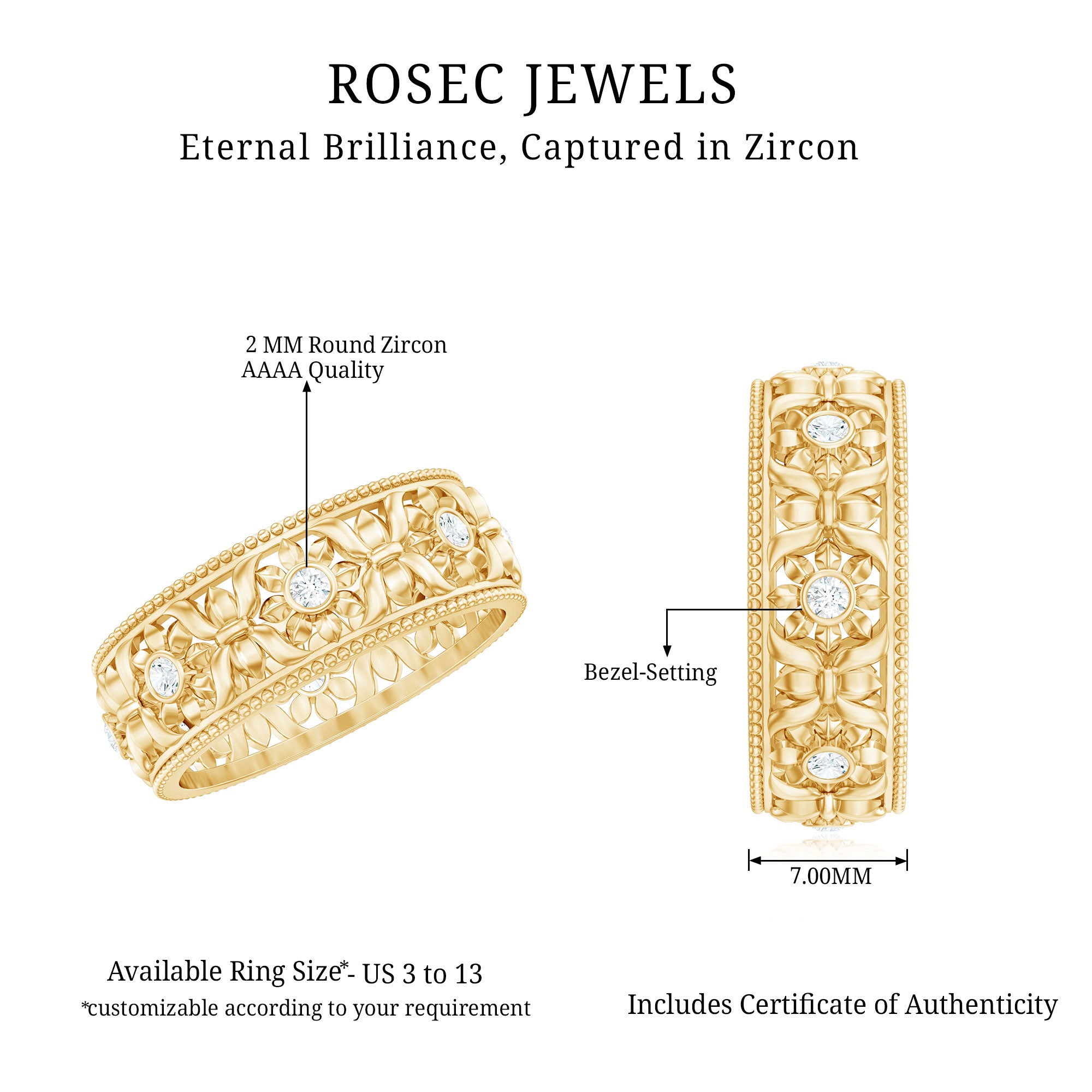 Flower Inspired Zircon Filigree Wedding Band AAAA - Rosec Jewels
