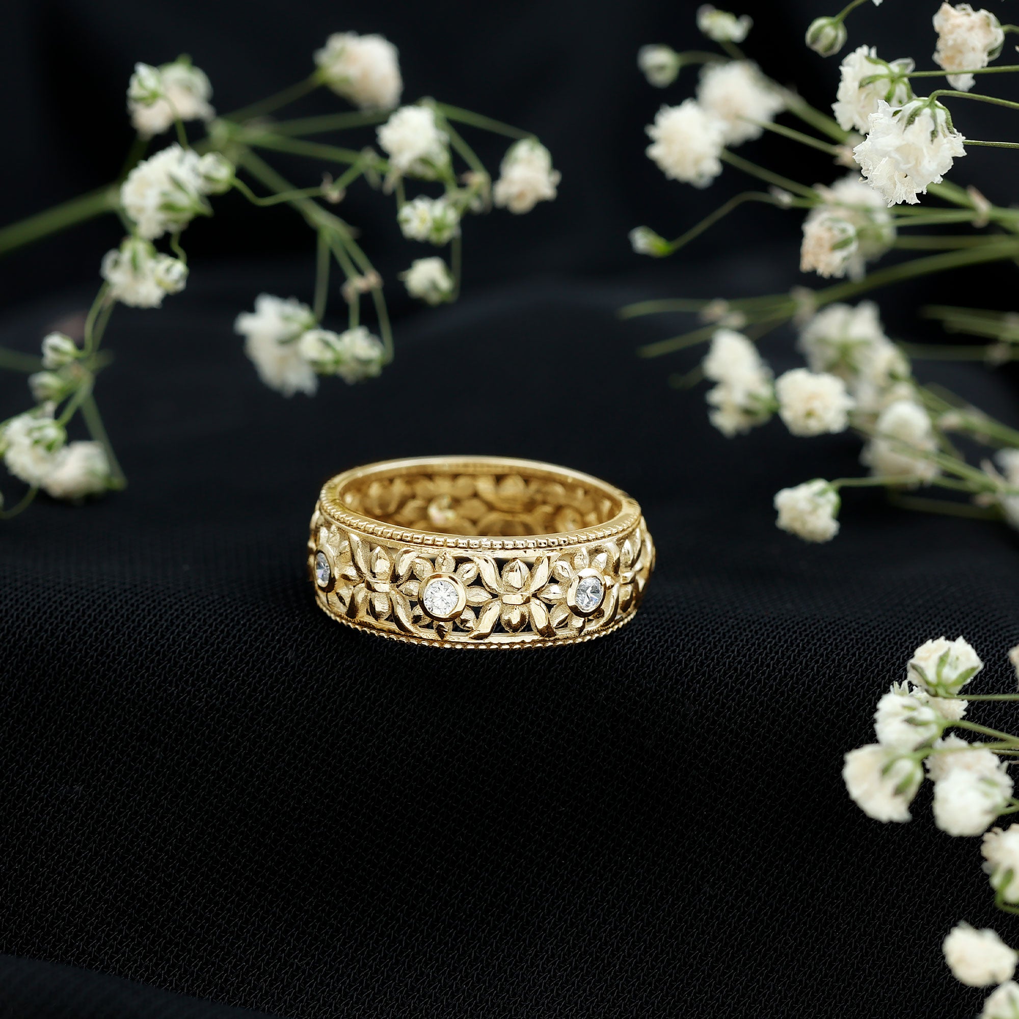 Flower Inspired Zircon Filigree Wedding Band AAAA - Rosec Jewels