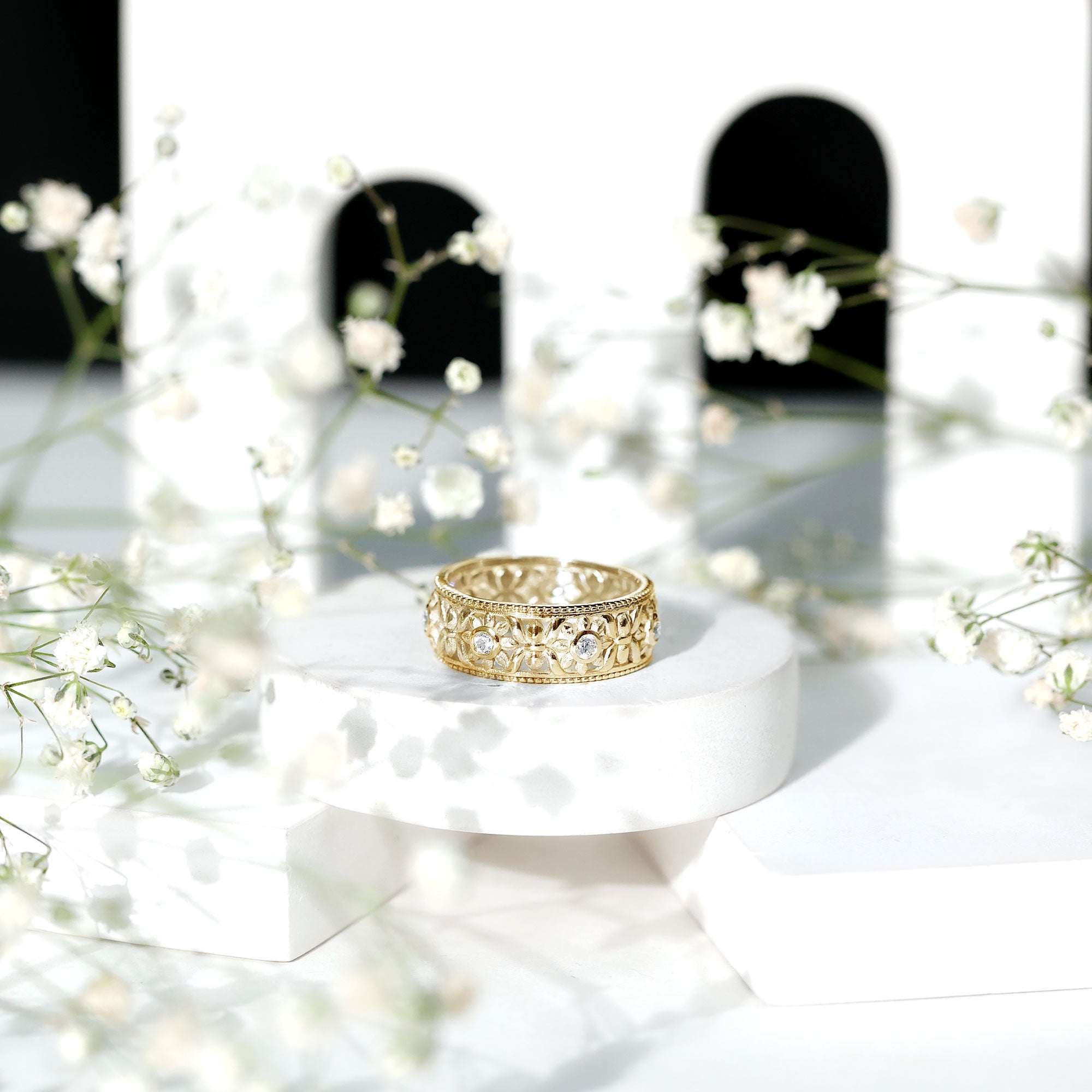 Flower Inspired Zircon Filigree Wedding Band AAAA - Rosec Jewels