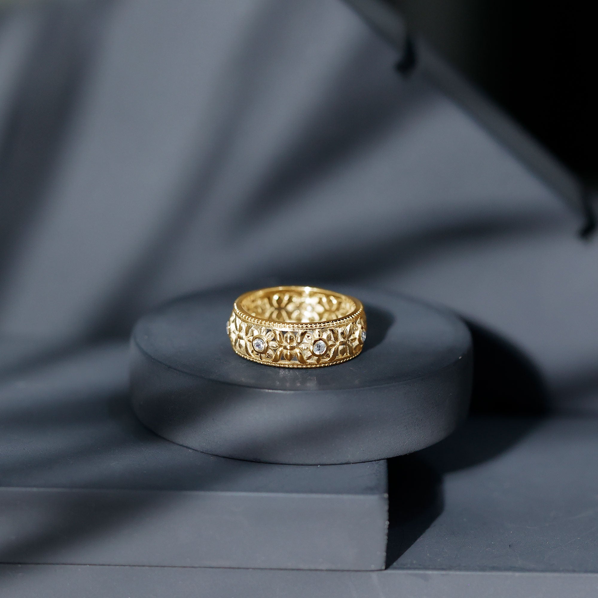 Flower Inspired Zircon Filigree Wedding Band AAAA - Rosec Jewels