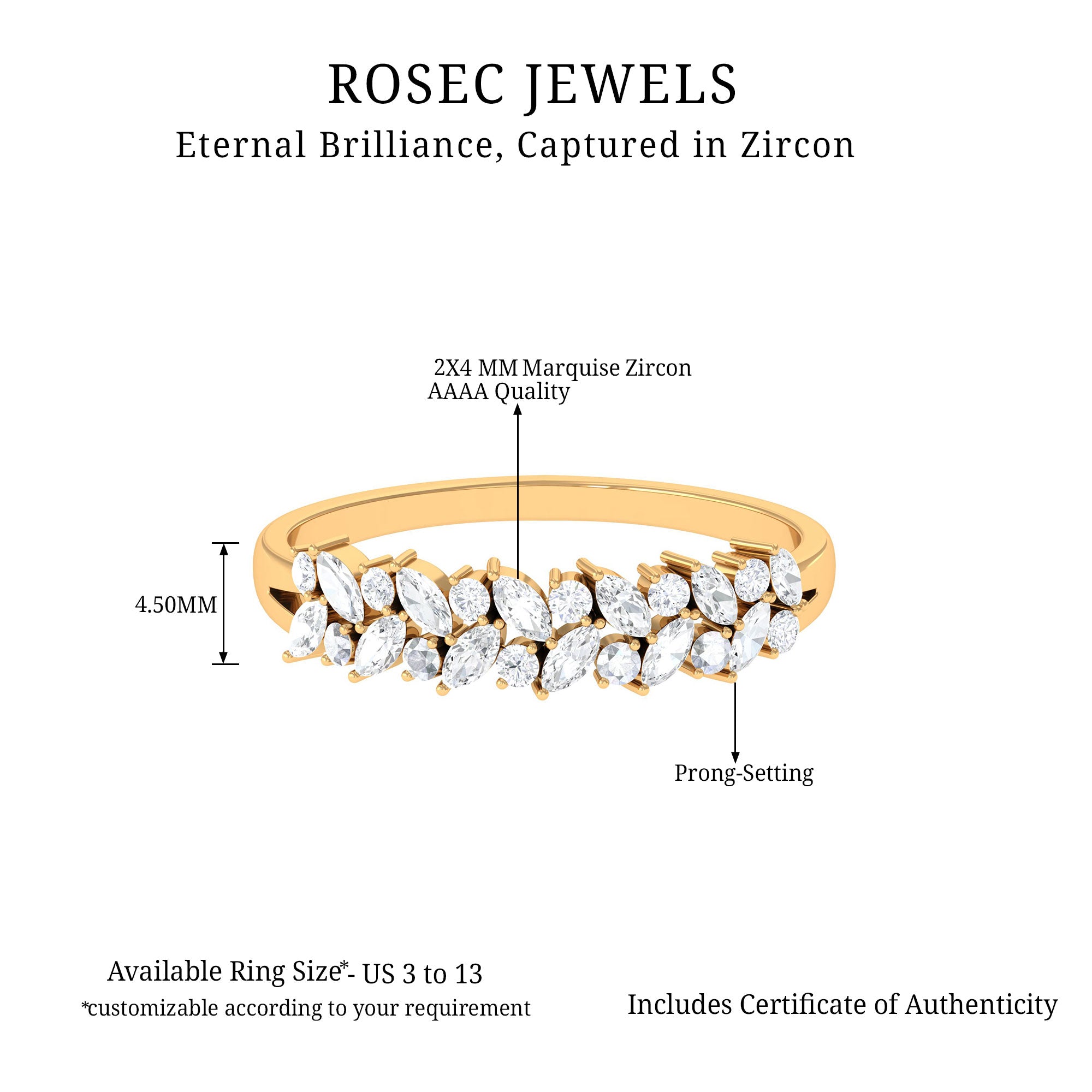 Marquise and Round Zircon Half Eternity Band Ring AAAA - Rosec Jewels