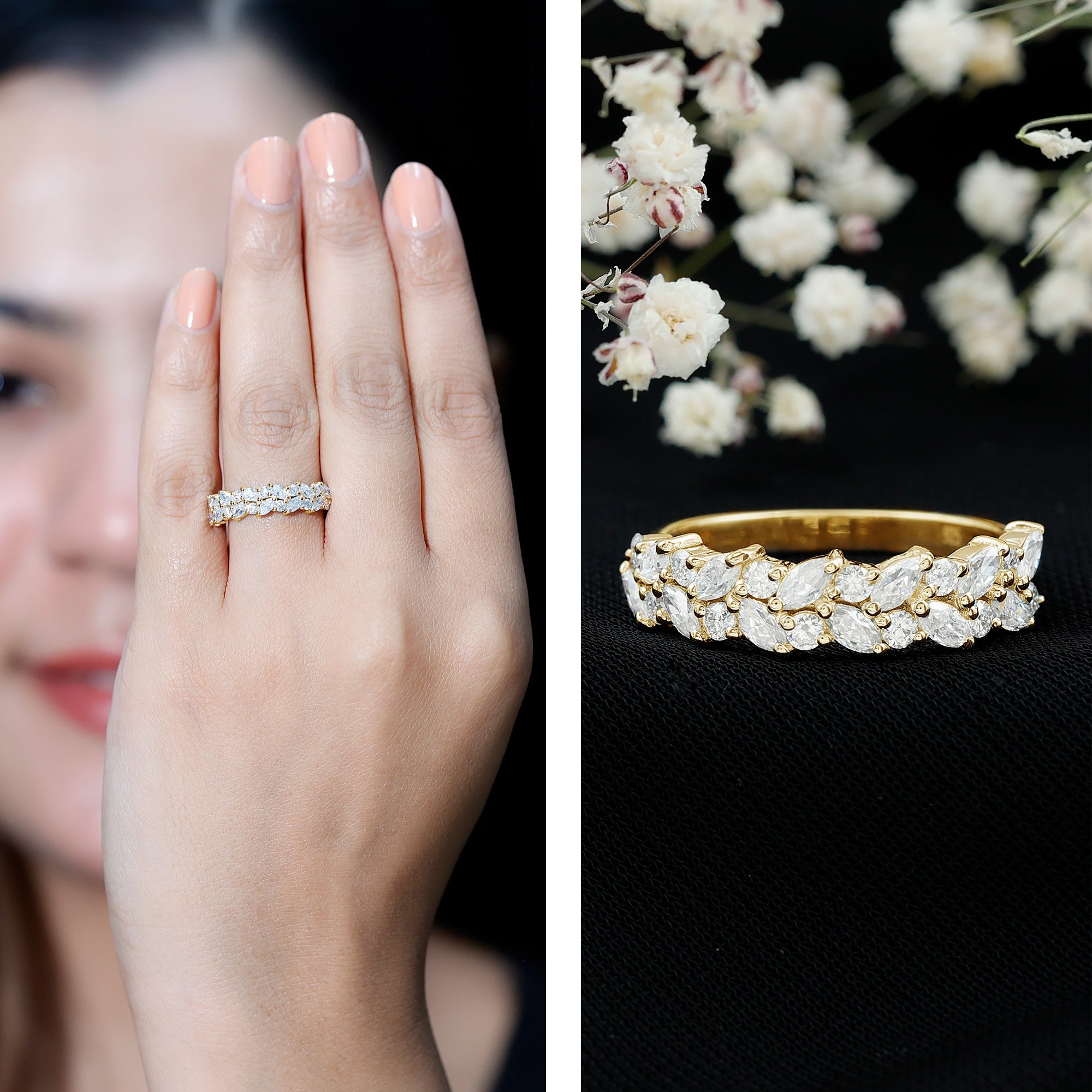 Marquise and Round Zircon Half Eternity Band Ring AAAA - Rosec Jewels
