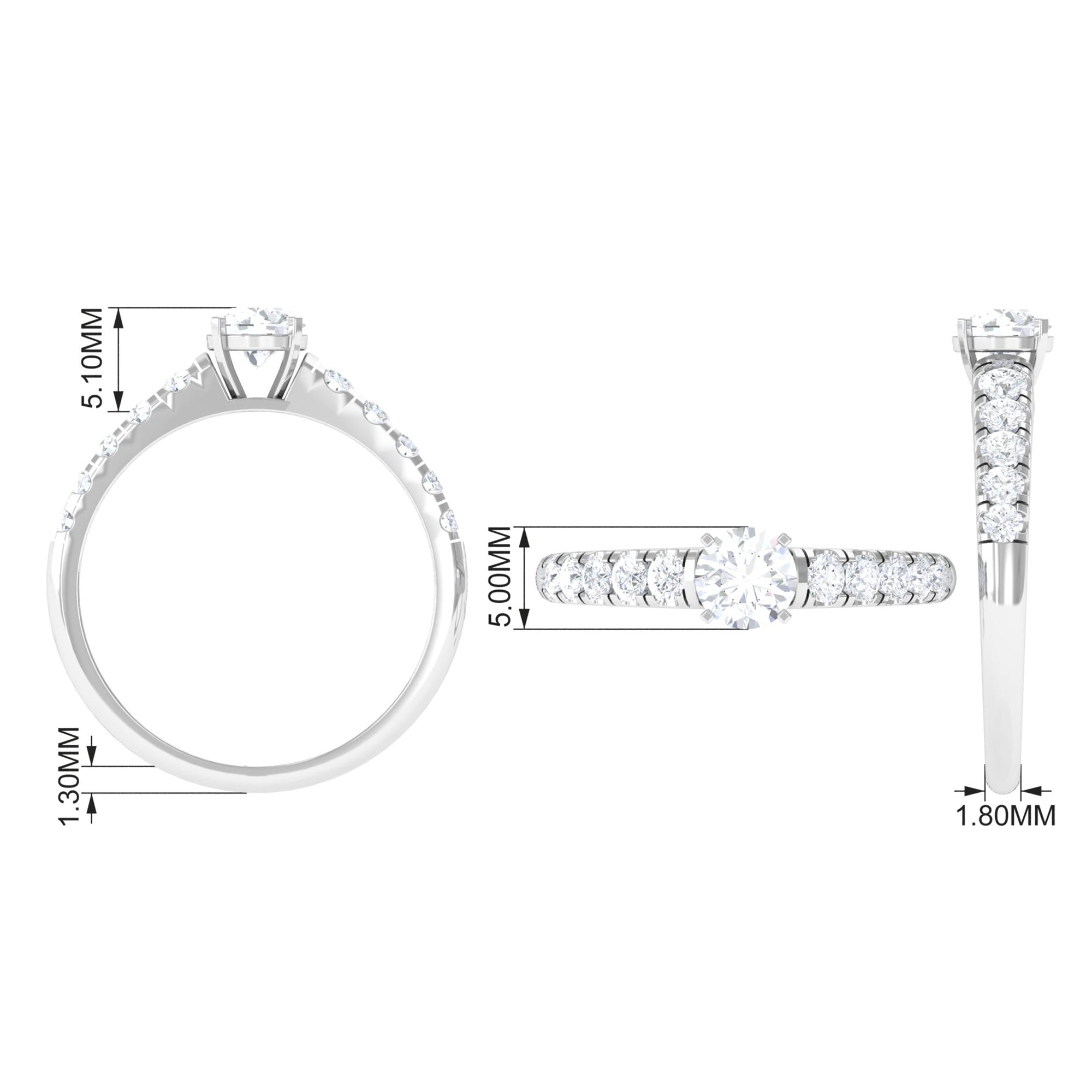 1 CT Round Cubic Zirconia Side Stone Engagement Ring AAAA - Rosec Jewels