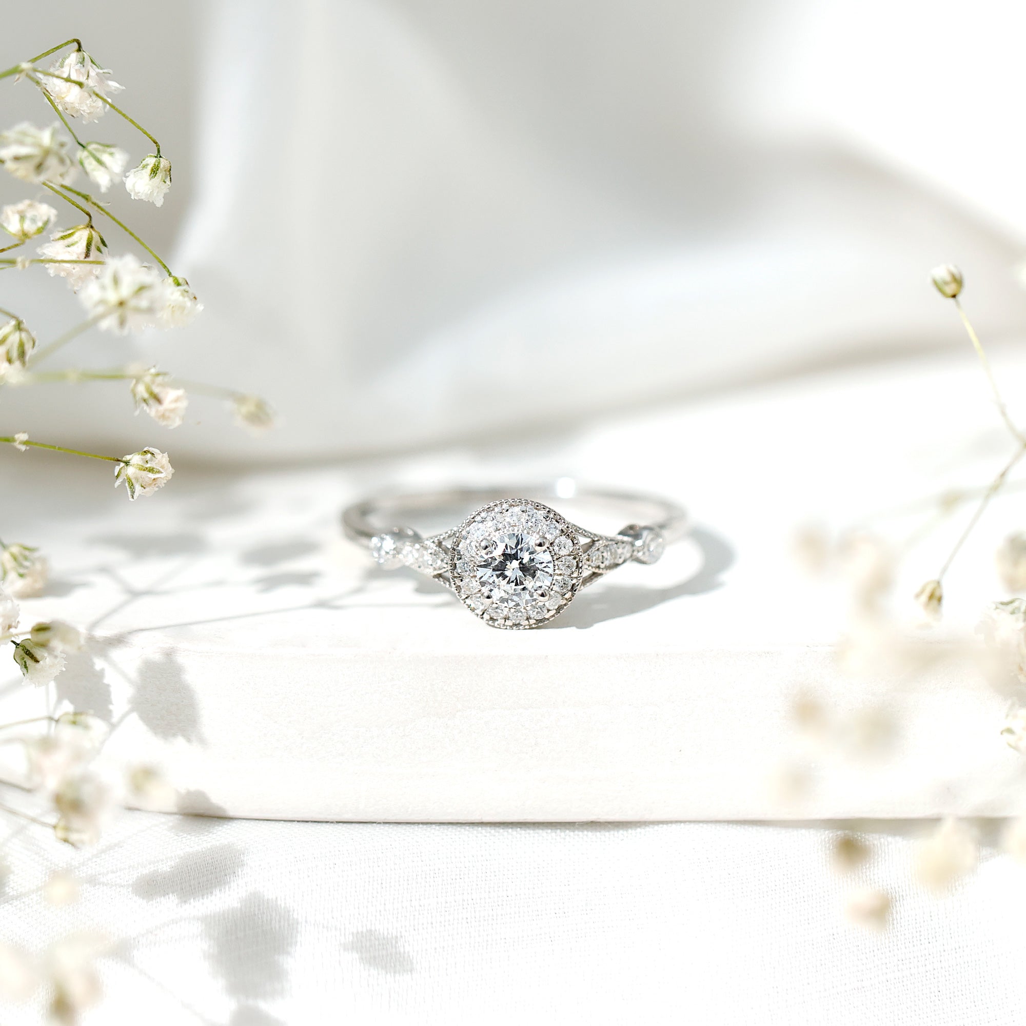 Antique Inspired Zircon Halo Engagement Ring AAAA - Rosec Jewels