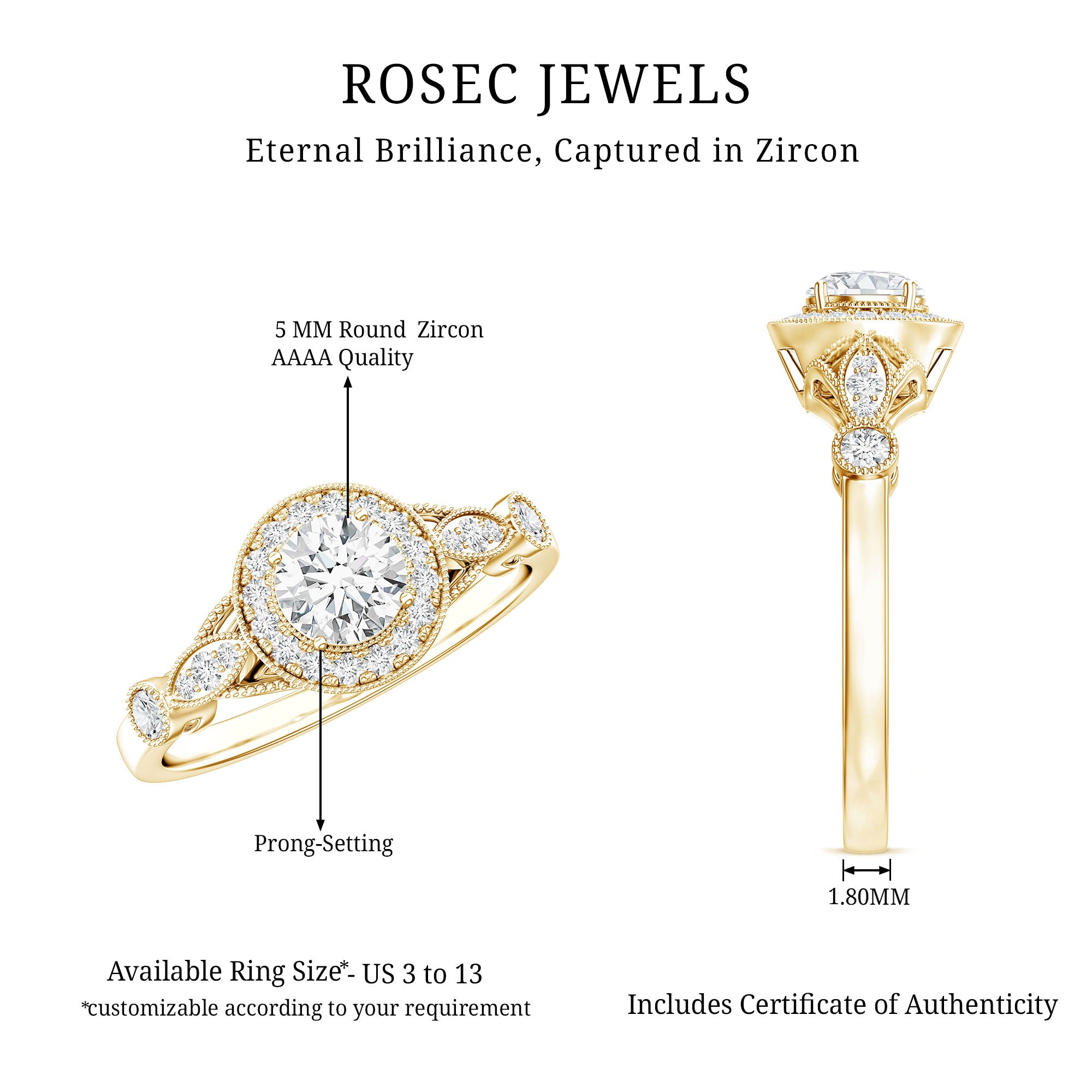 Antique Inspired Zircon Halo Engagement Ring AAAA - Rosec Jewels