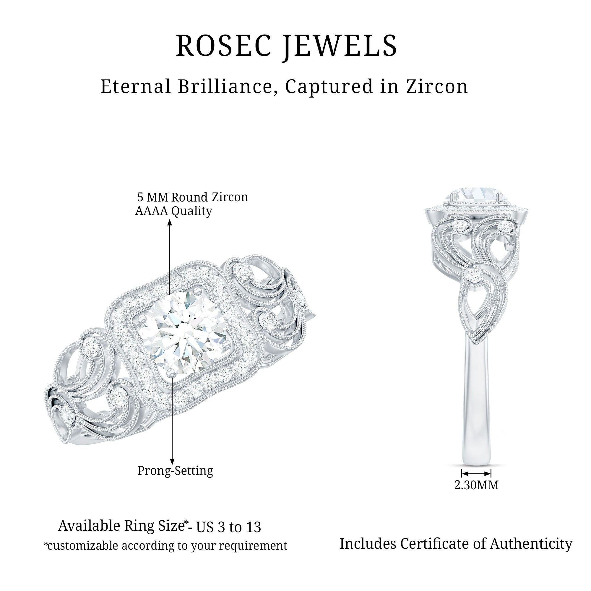 Zircon Vintage Inspired Halo Engagement Ring AAAA - Rosec Jewels