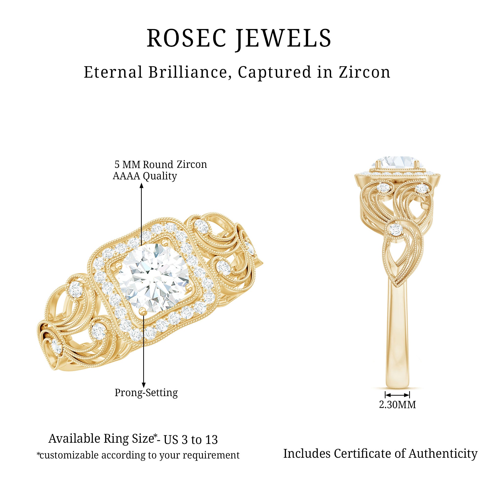 Zircon Vintage Inspired Halo Engagement Ring AAAA - Rosec Jewels