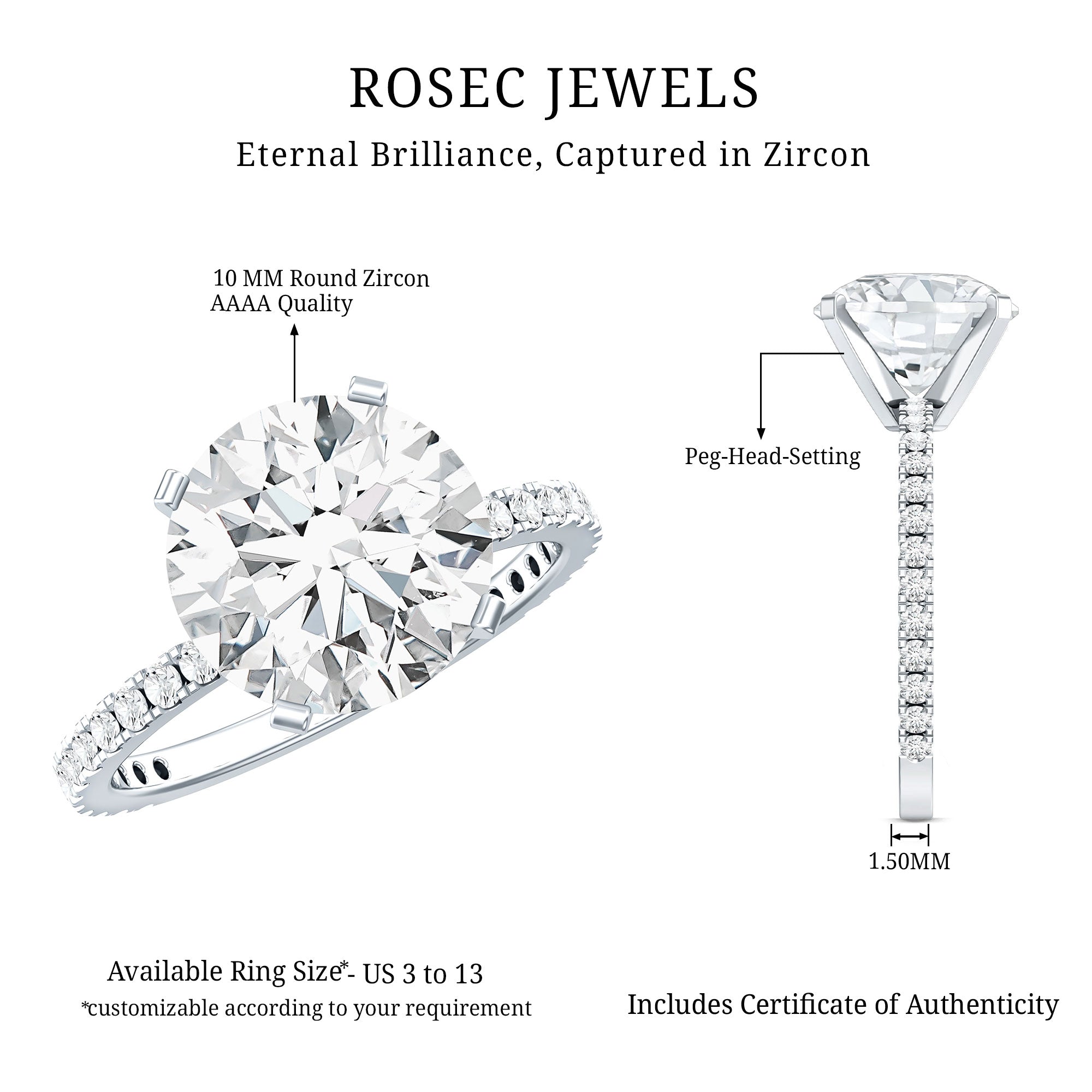 Certified 4.4 Carat Cubic Zirconia Solitaire Engagement Ring for Women AAAA - Rosec Jewels