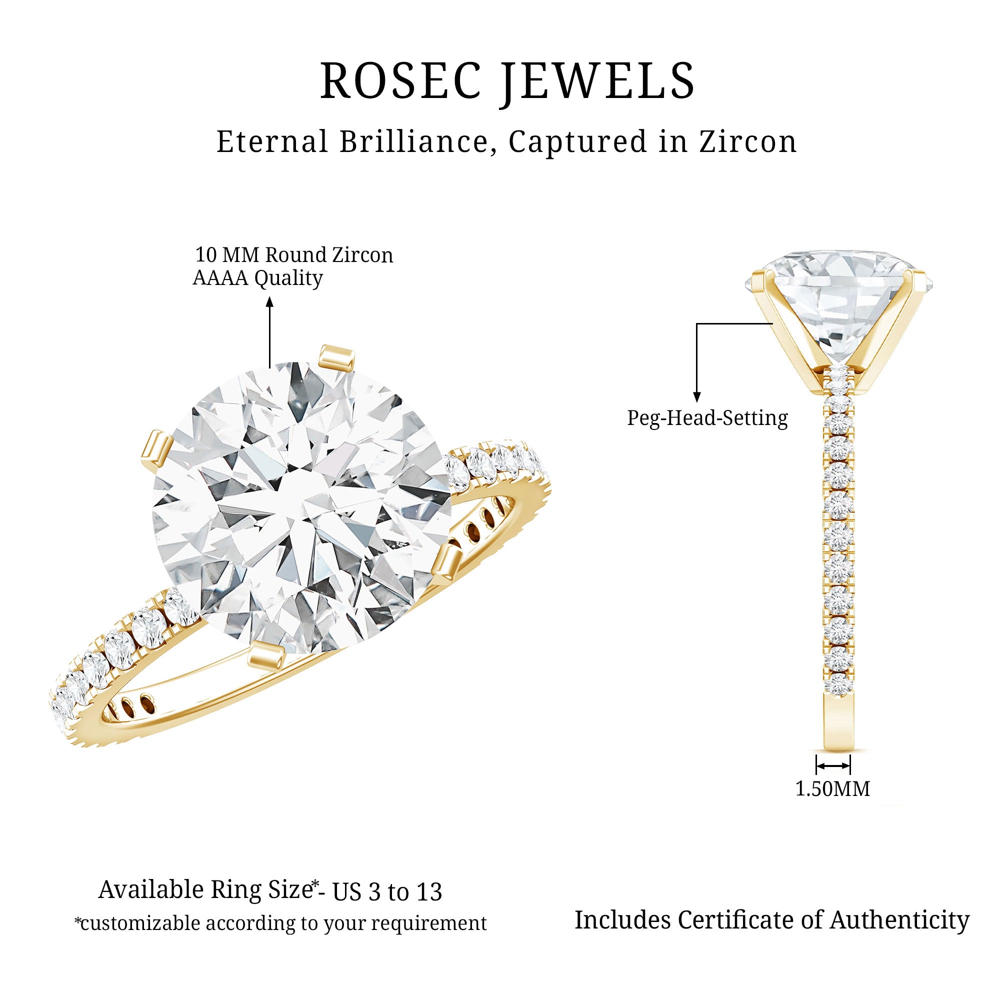 Certified 4.4 Carat Cubic Zirconia Solitaire Engagement Ring for Women AAAA - Rosec Jewels