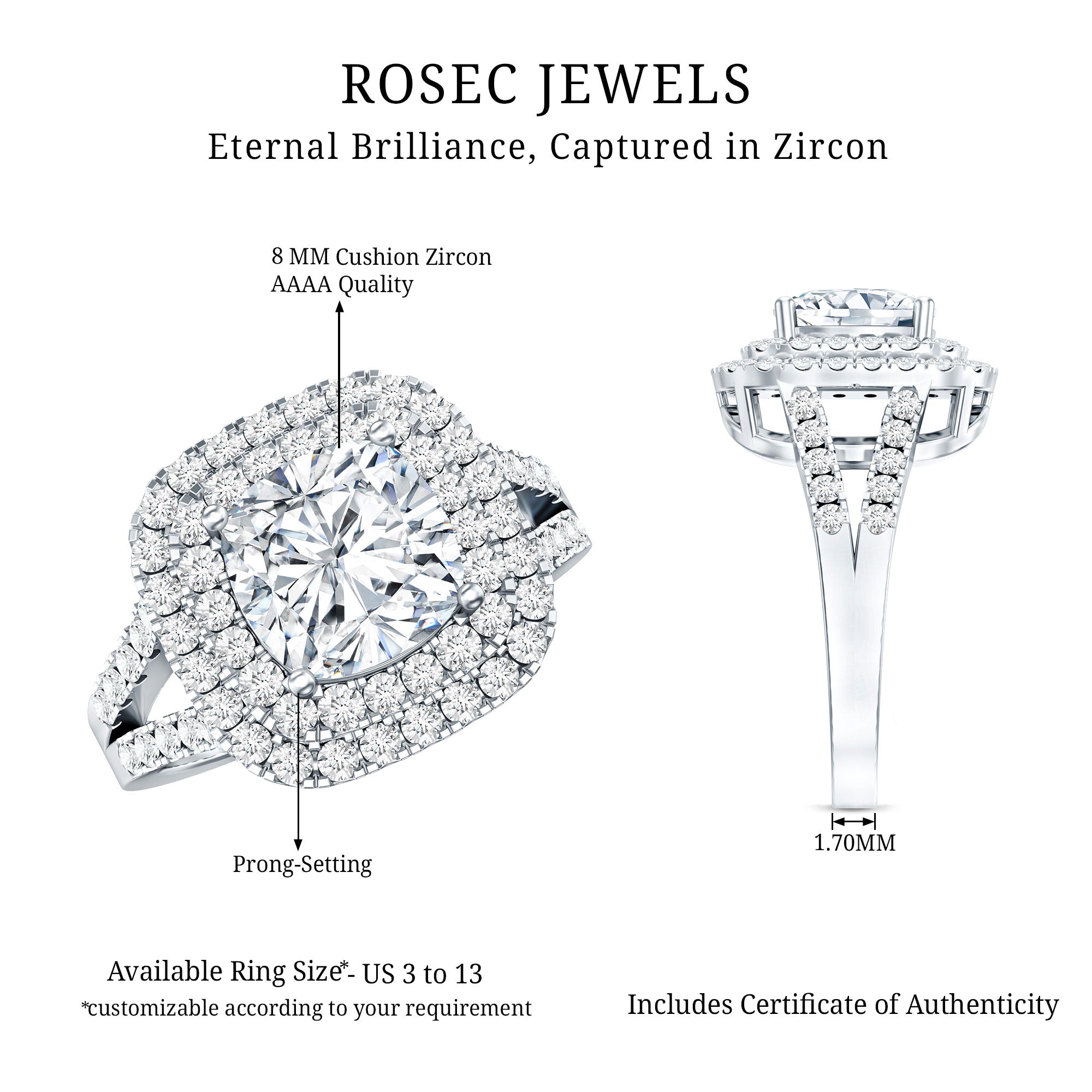 Vintage Style Cubic Zirconia Double Halo Engagement Ring with Split Shank AAAA - Rosec Jewels