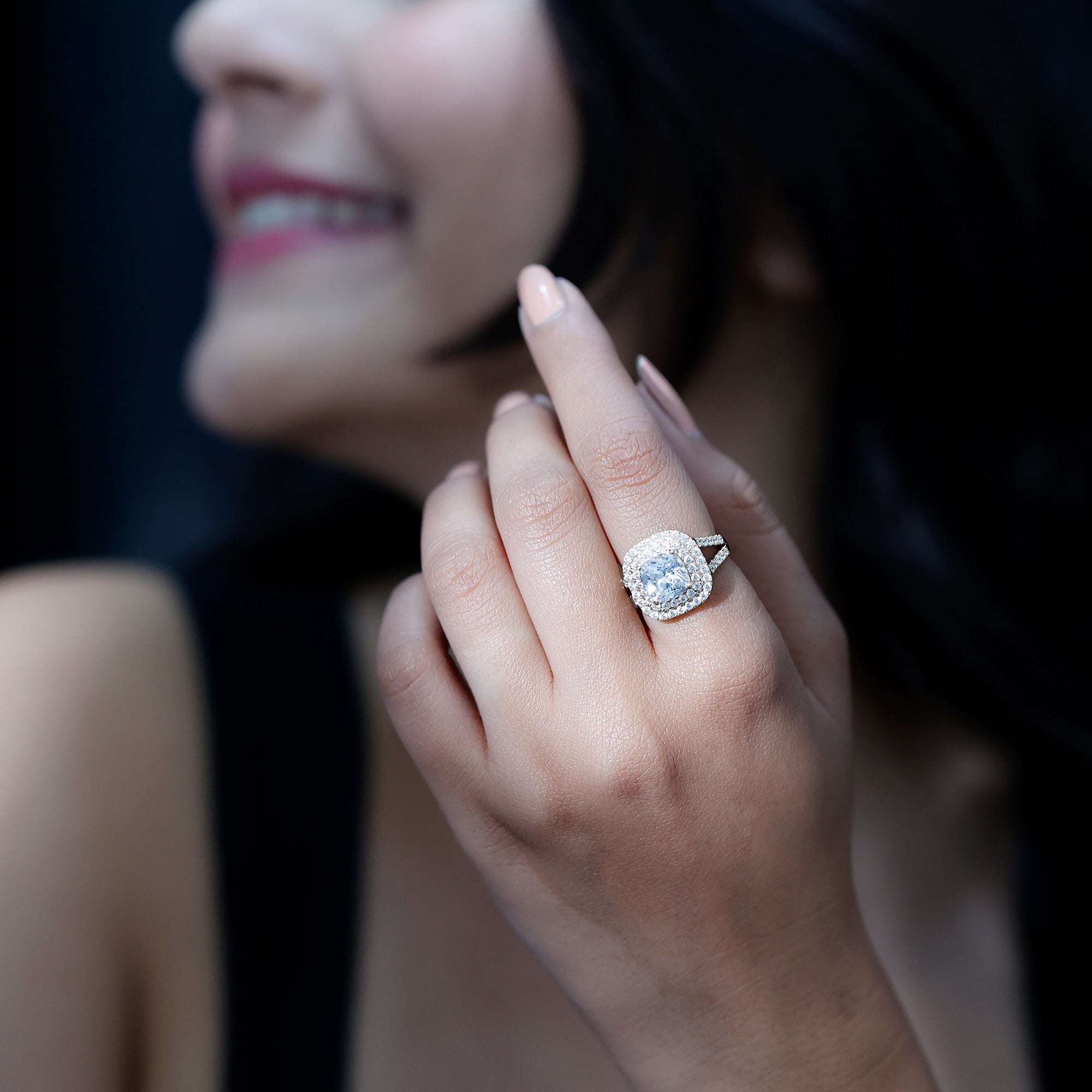 Vintage Style Cubic Zirconia Double Halo Engagement Ring with Split Shank AAAA - Rosec Jewels