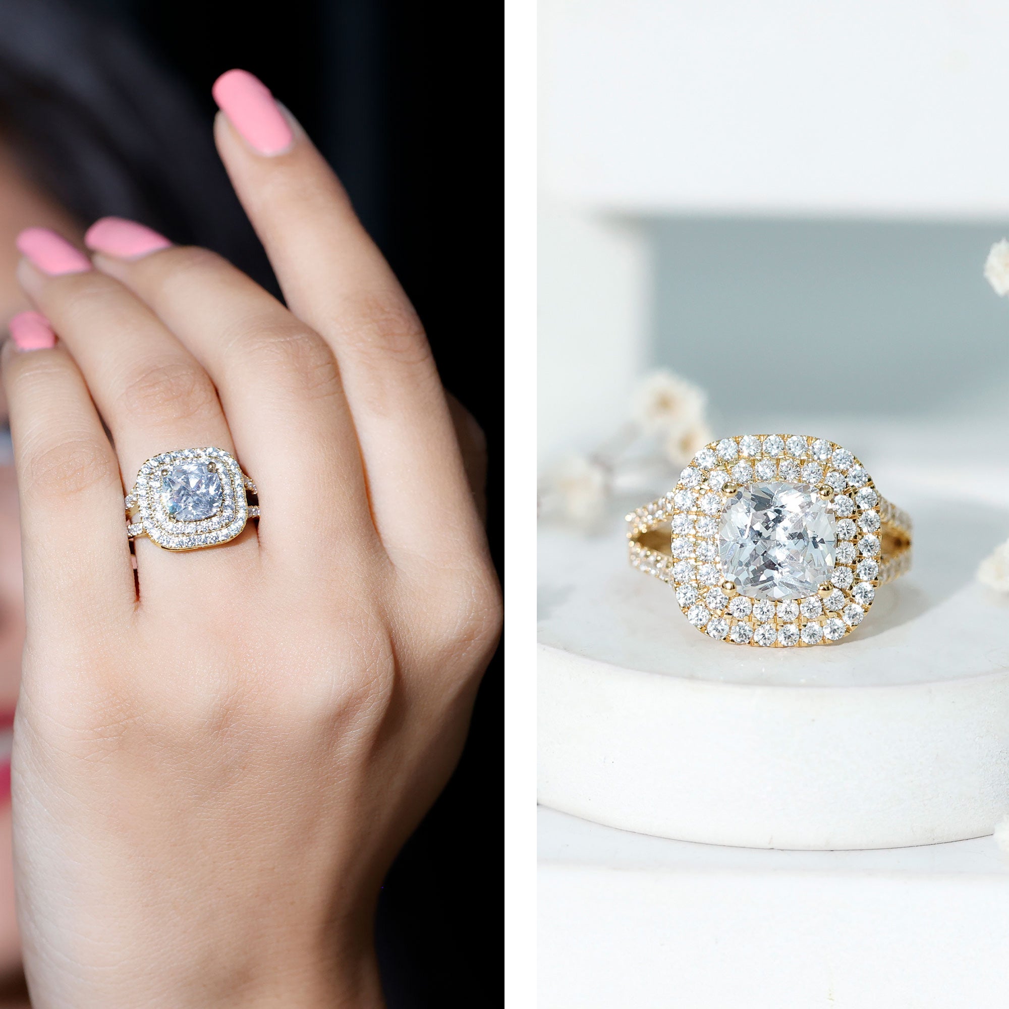 Vintage Style Cubic Zirconia Double Halo Engagement Ring with Split Shank AAAA - Rosec Jewels