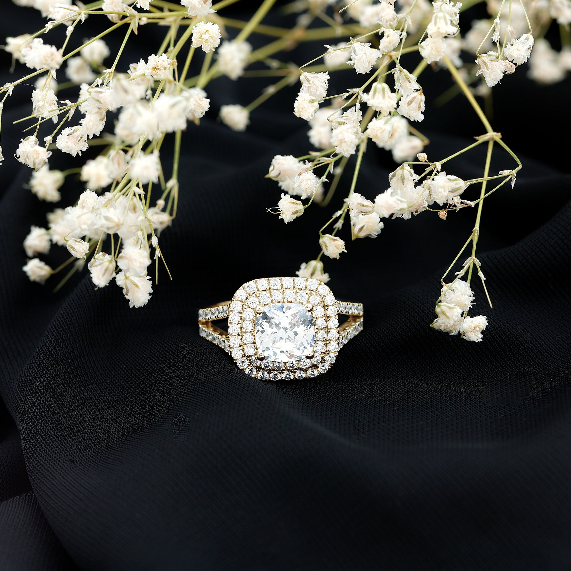 Vintage Style Cubic Zirconia Double Halo Engagement Ring with Split Shank AAAA - Rosec Jewels