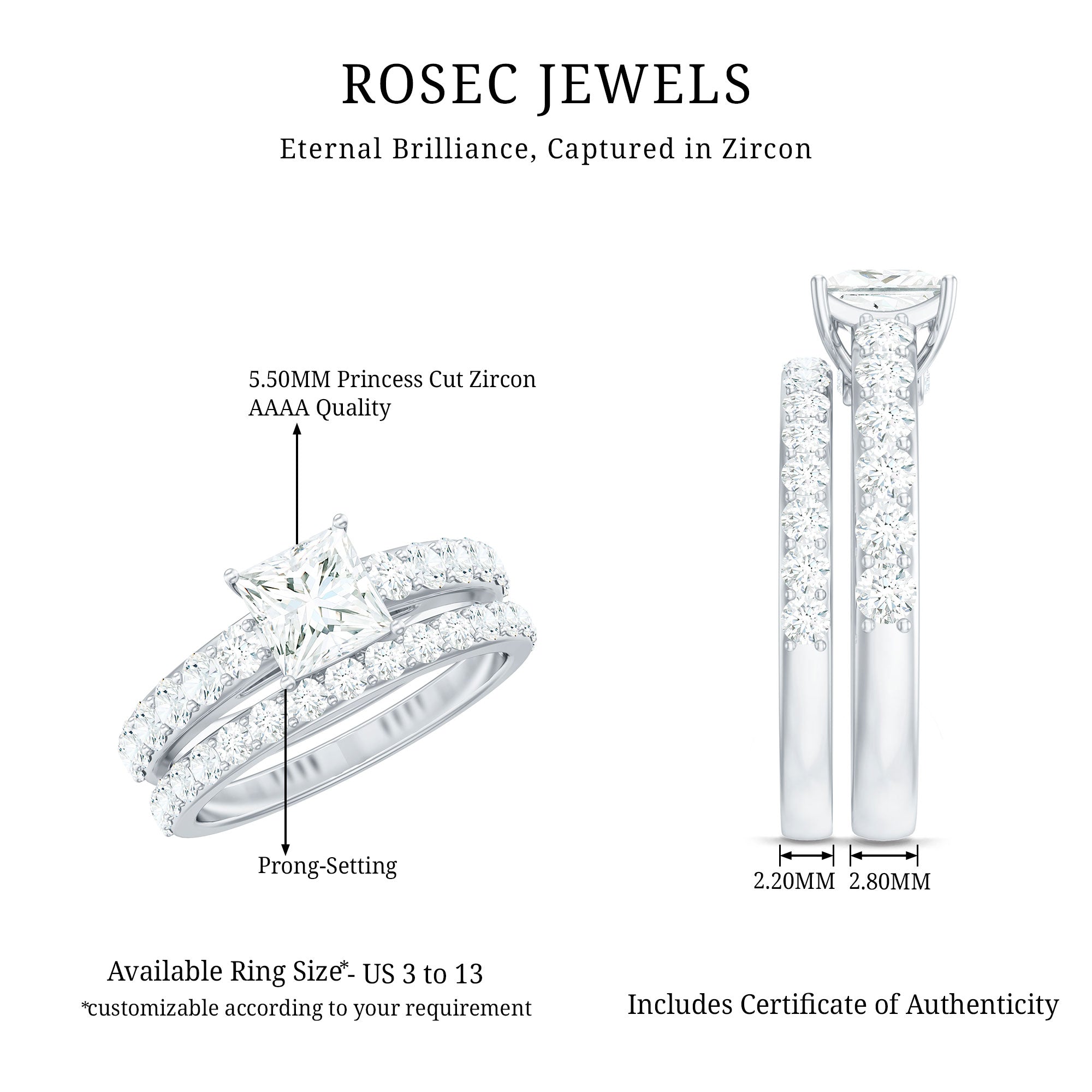 1 Carat Princess Cut Cubic Zirconia Wedding Ring Set for Women AAAA - Rosec Jewels