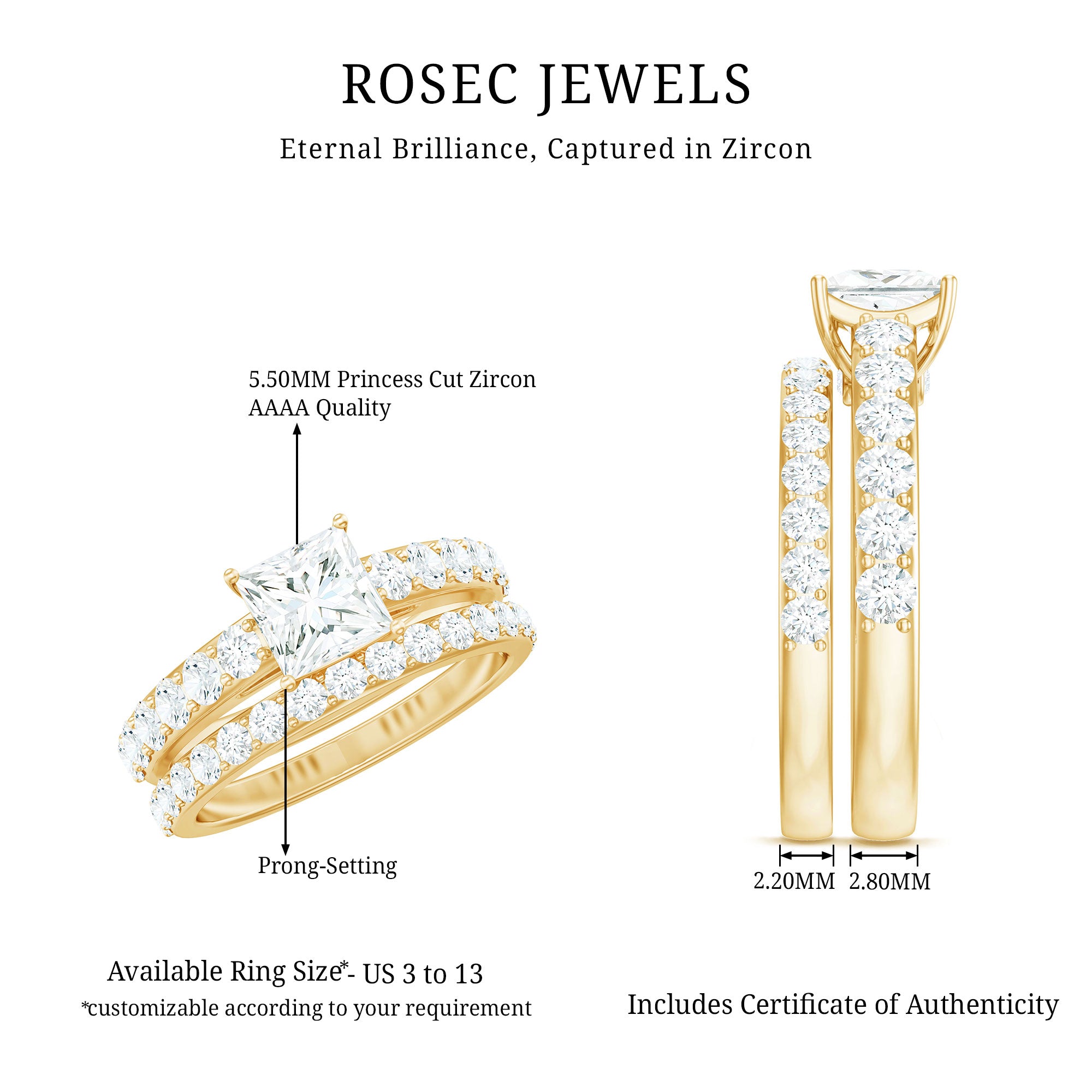 1 Carat Princess Cut Cubic Zirconia Wedding Ring Set for Women AAAA - Rosec Jewels