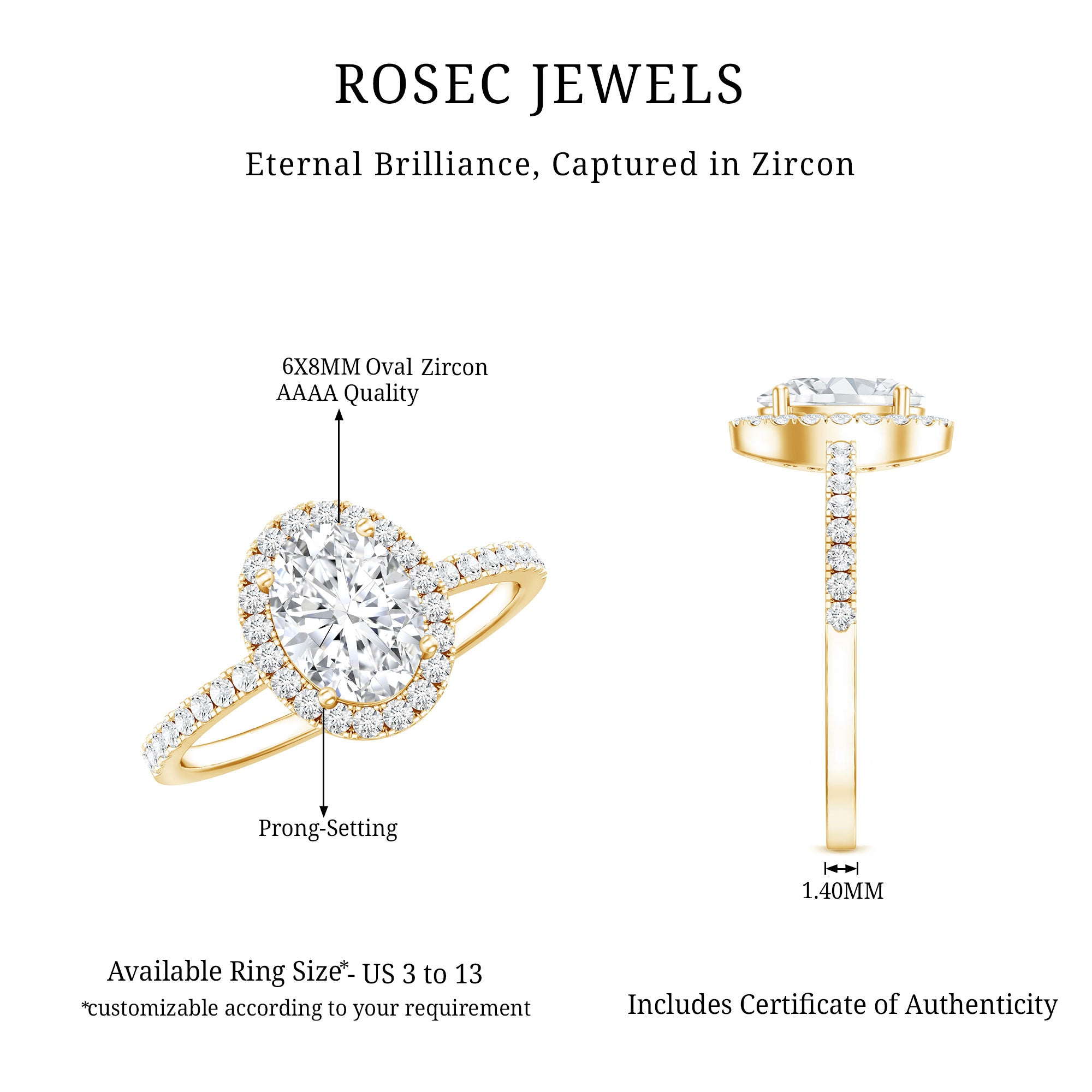 1.2 Carat Cubic Zirconia Oval Halo Engagement Ring for Women AAAA - Rosec Jewels