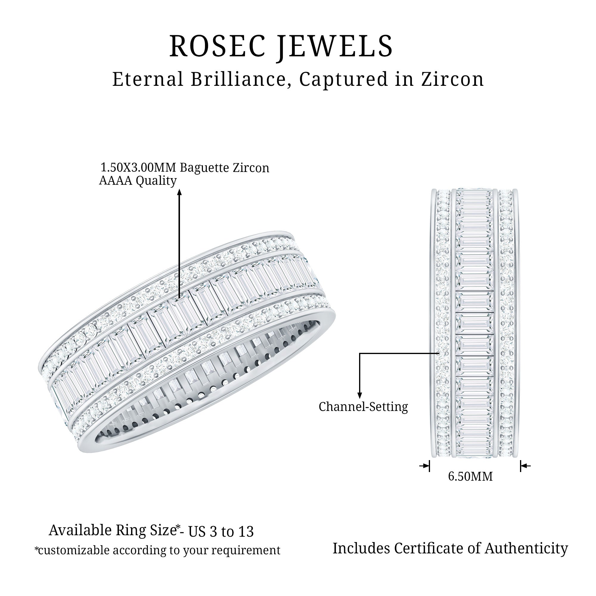 Baguette Cut Cubic Zirconia Wide Wedding Band AAAA - Rosec Jewels