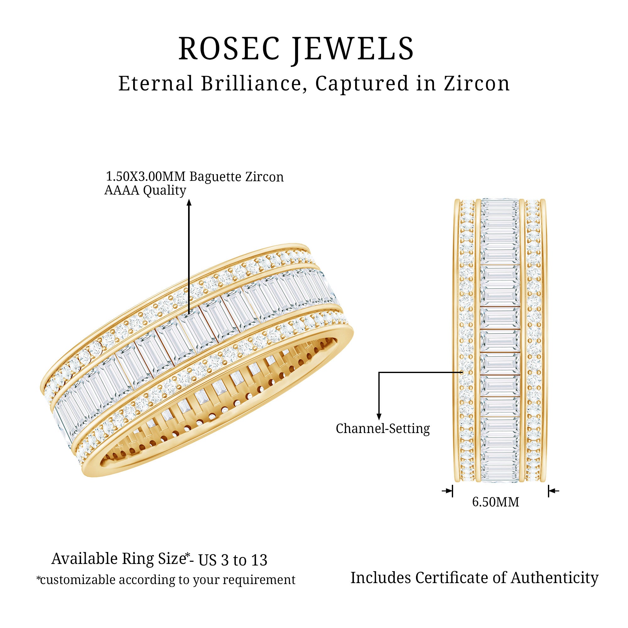 Baguette Cut Cubic Zirconia Wide Wedding Band AAAA - Rosec Jewels