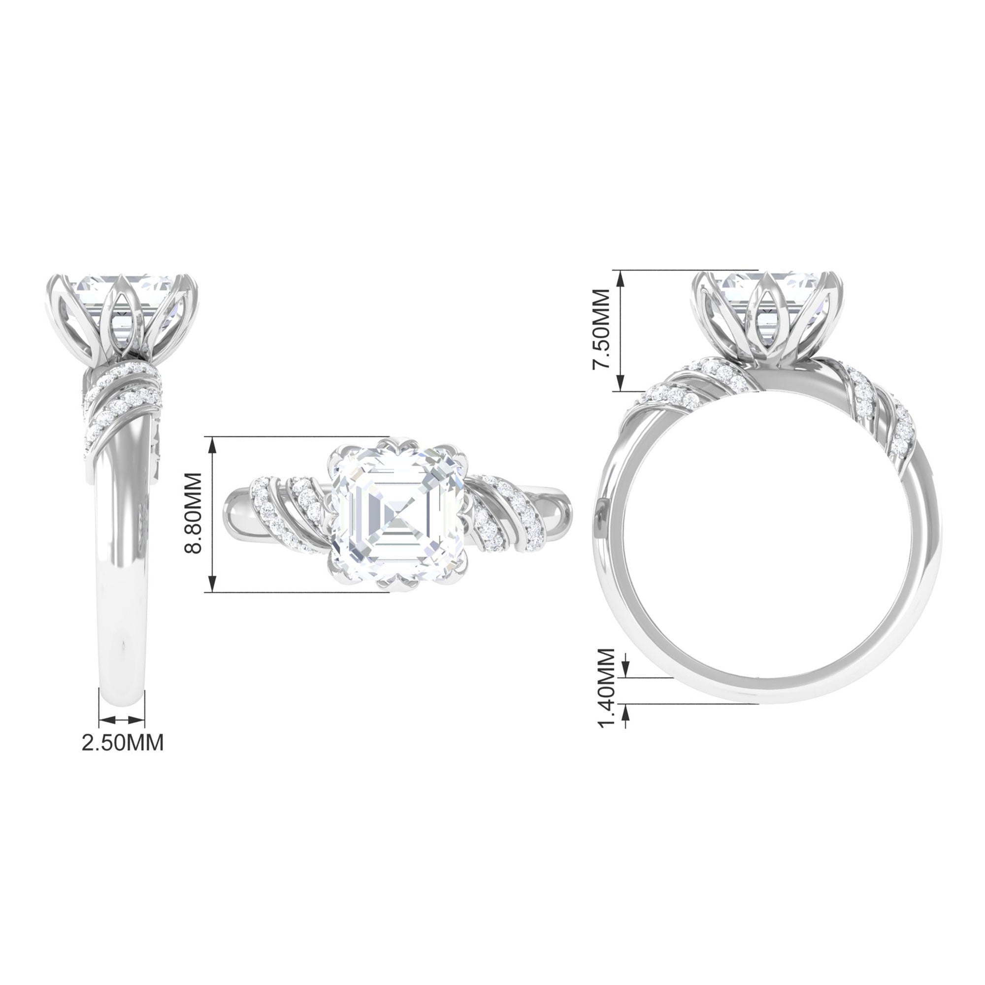 3.5 CT Asscher Zircon Designer Solitaire Engagement Ring in Petal Prong Setting AAAA - Rosec Jewels