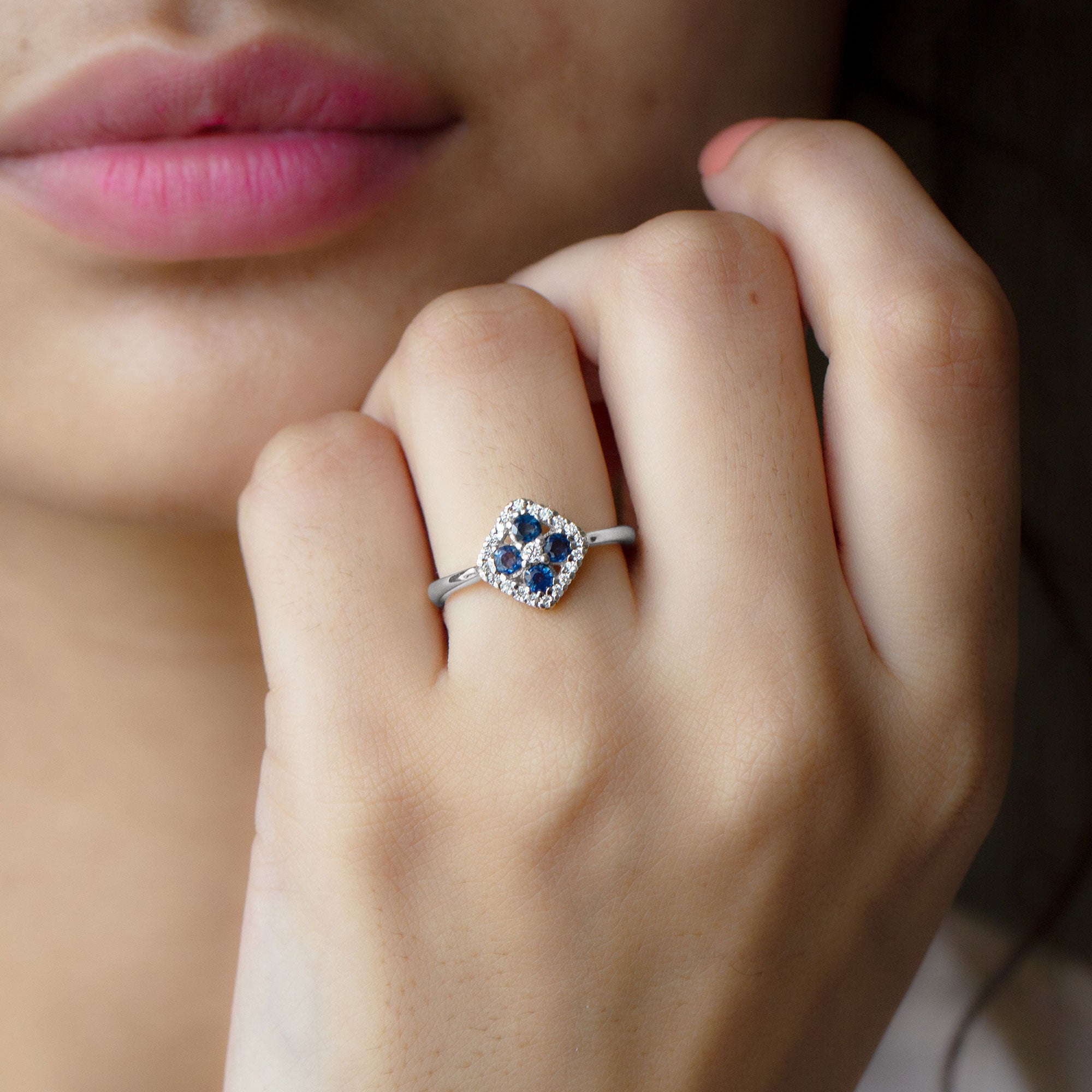 Rosec Jewels-1/2 CT Blue Sapphire Cluster Ring with Diamond Accent