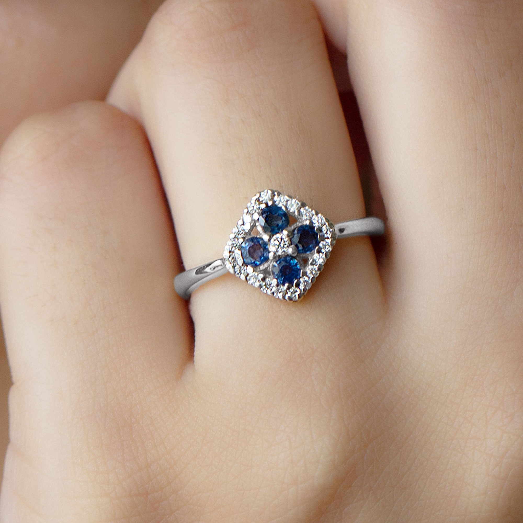 Rosec Jewels-1/2 CT Blue Sapphire Cluster Ring with Diamond Accent