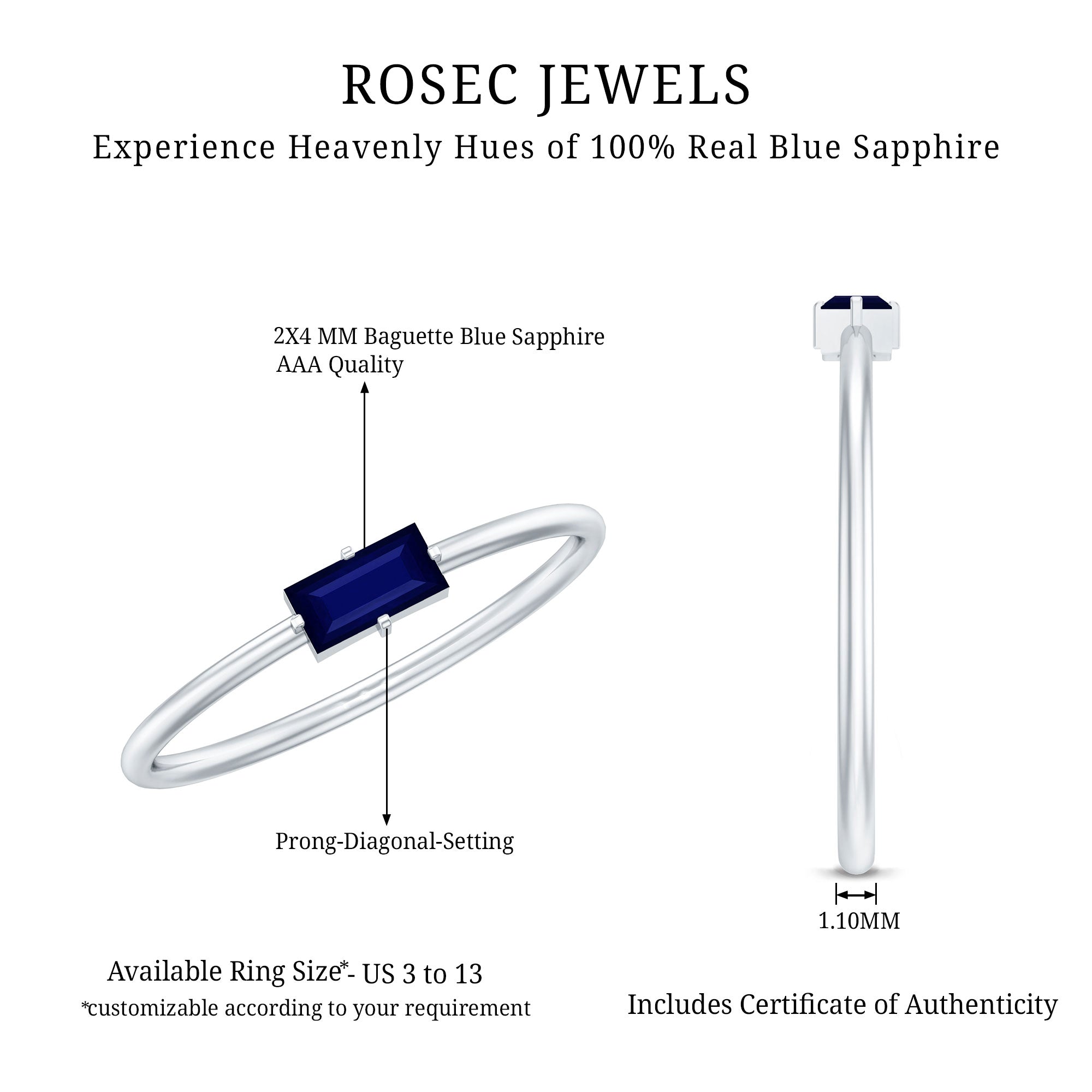 Rosec Jewels-Natural Baguette Blue Sapphire Promise Ring for Women