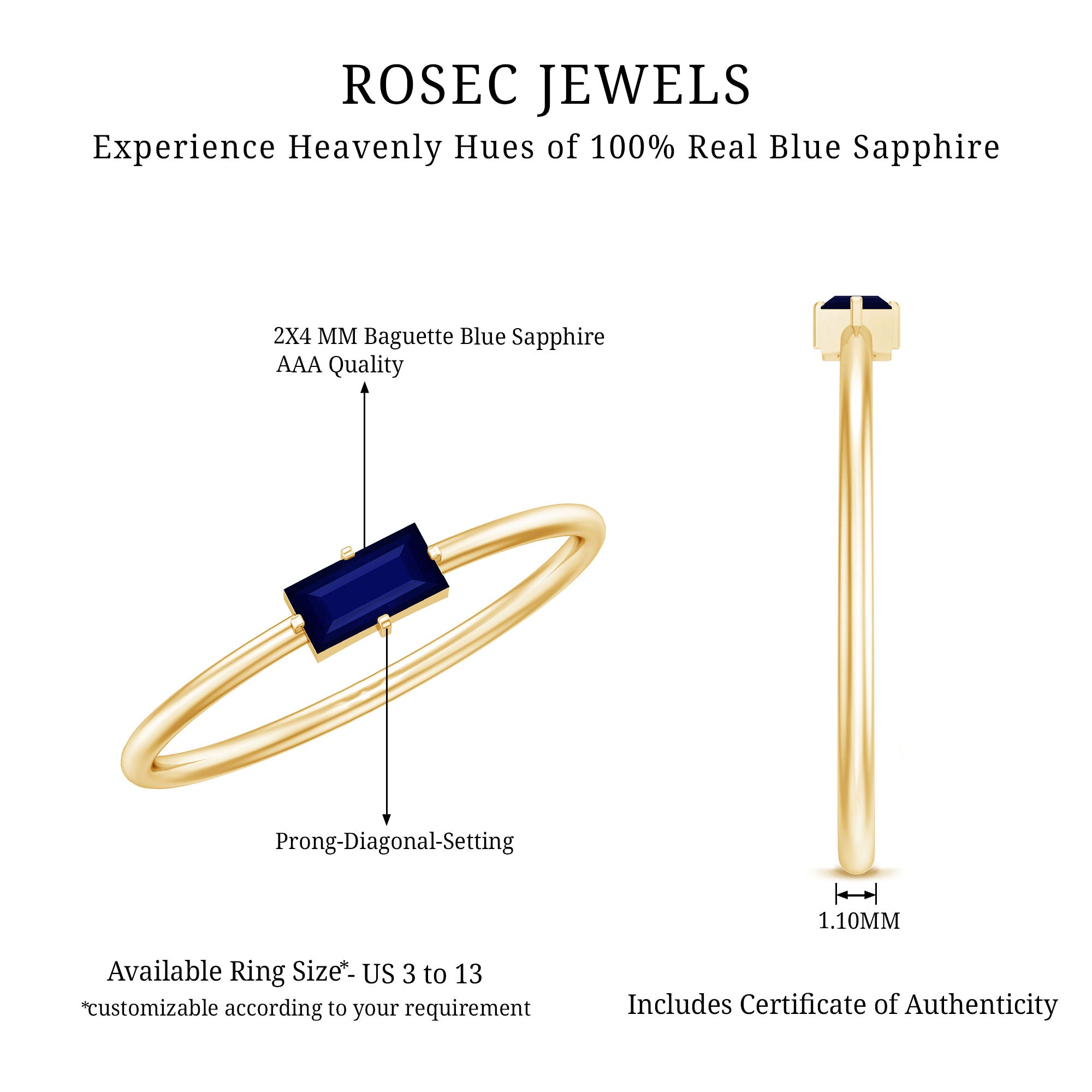Rosec Jewels-Natural Baguette Blue Sapphire Promise Ring for Women