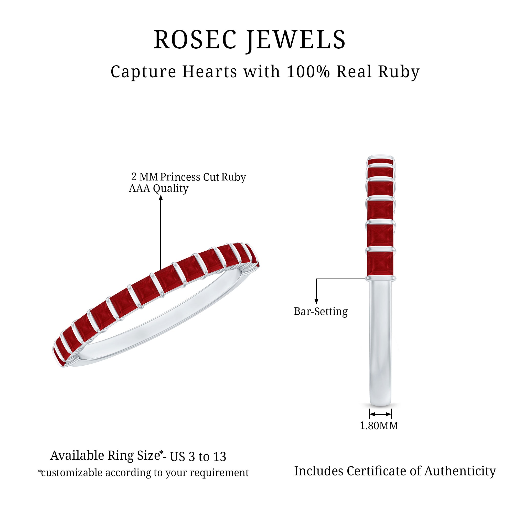 Natural Princess Cut Ruby Half Eternity Ring for Women AAA - Rosec Jewels