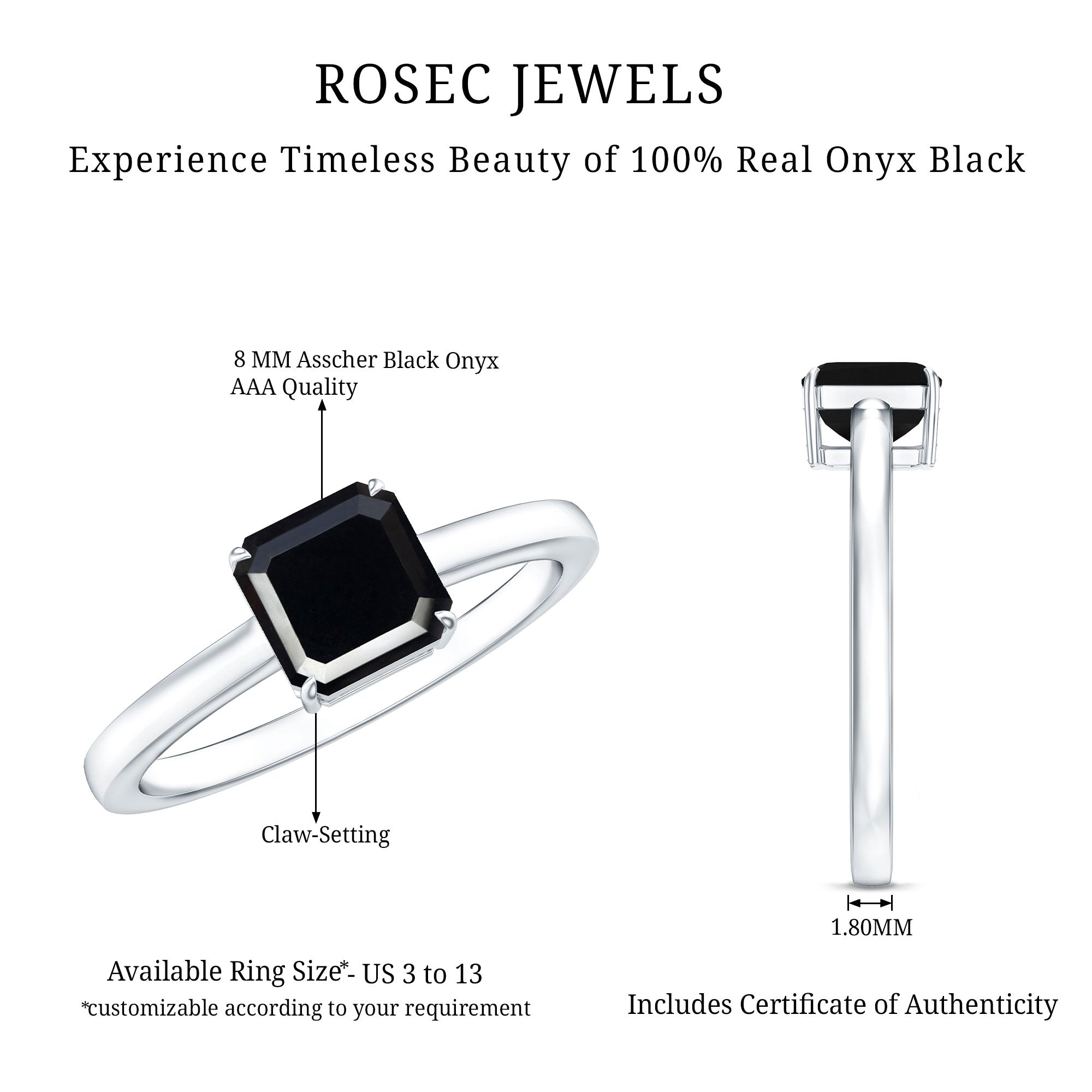 Princess Cut Black Onyx Solitaire Engagement Ring for Her AAA - Rosec Jewels
