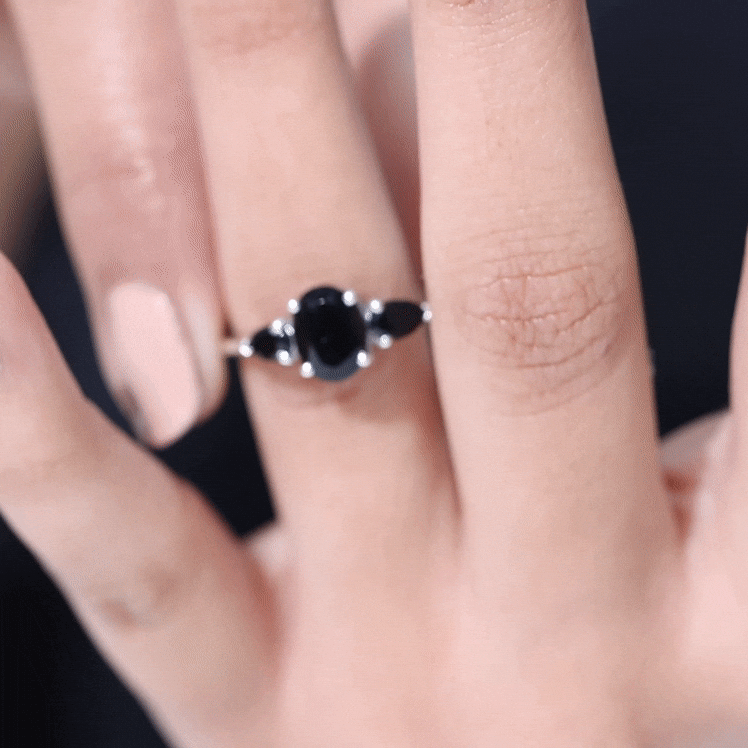 Natural Black Onyx Three Stone Engagement Ring AAA - Rosec Jewels
