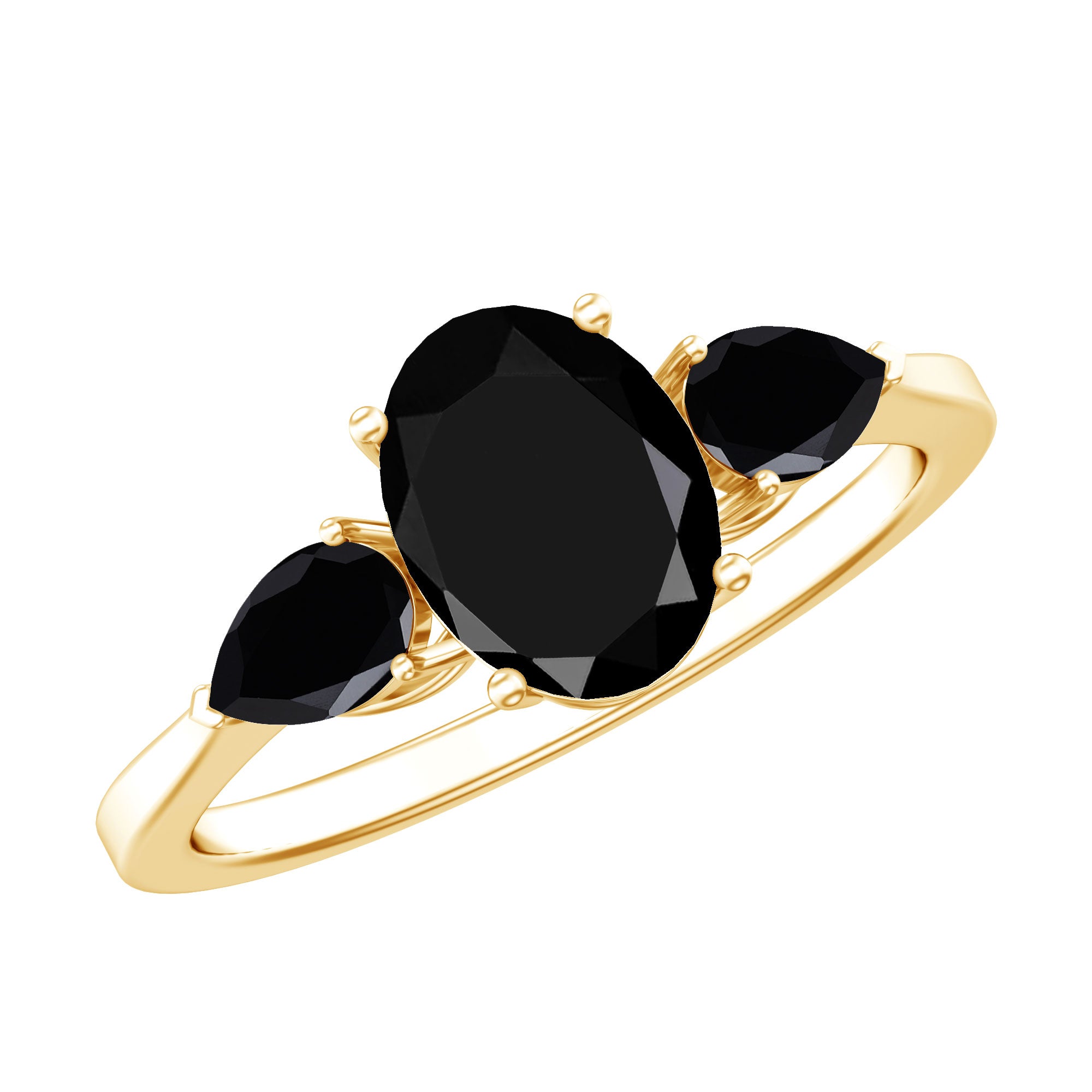 Natural Black Onyx Three Stone Engagement Ring AAA - Rosec Jewels