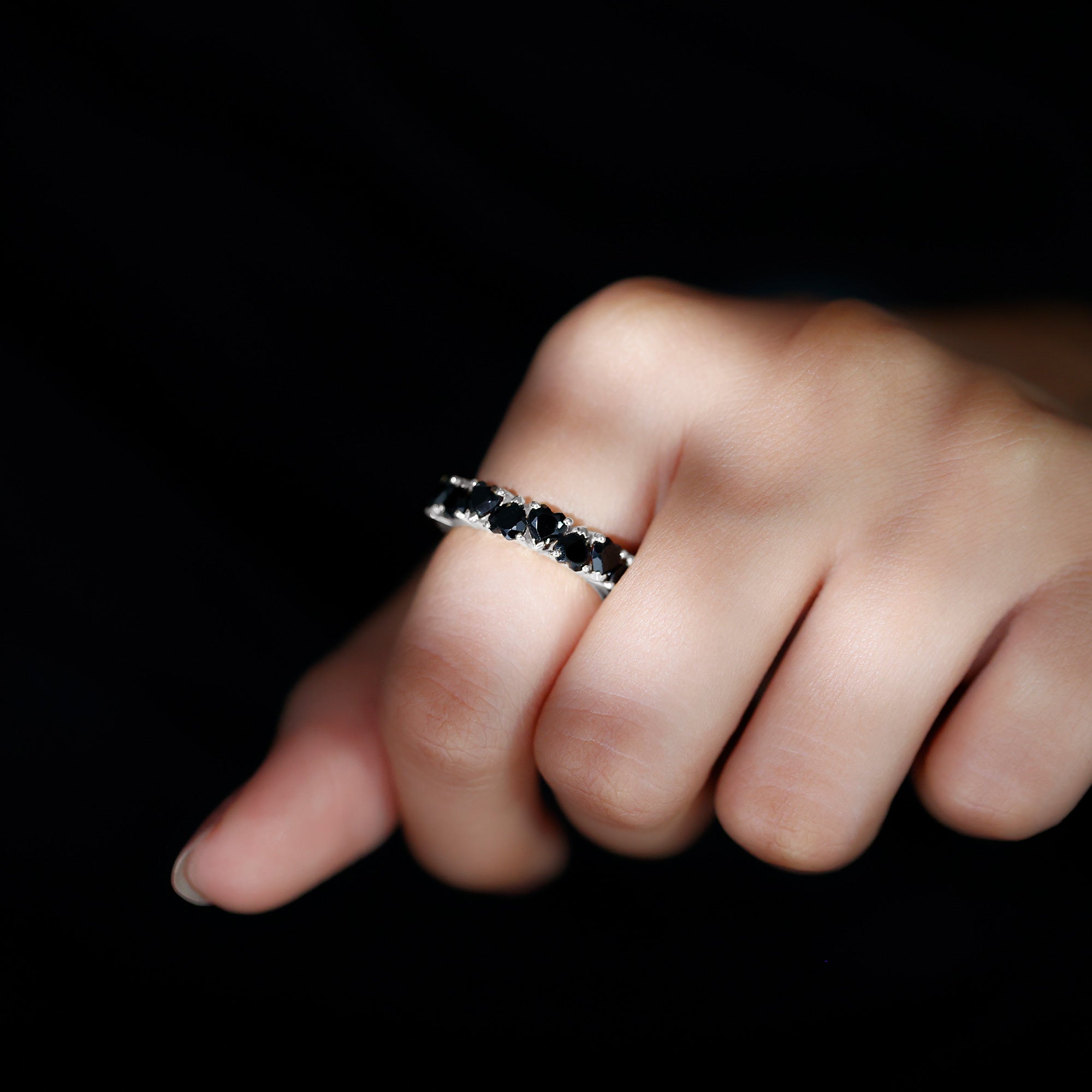 Heart Shaped Black Onyx Eternity Wedding Band AAA - Rosec Jewels