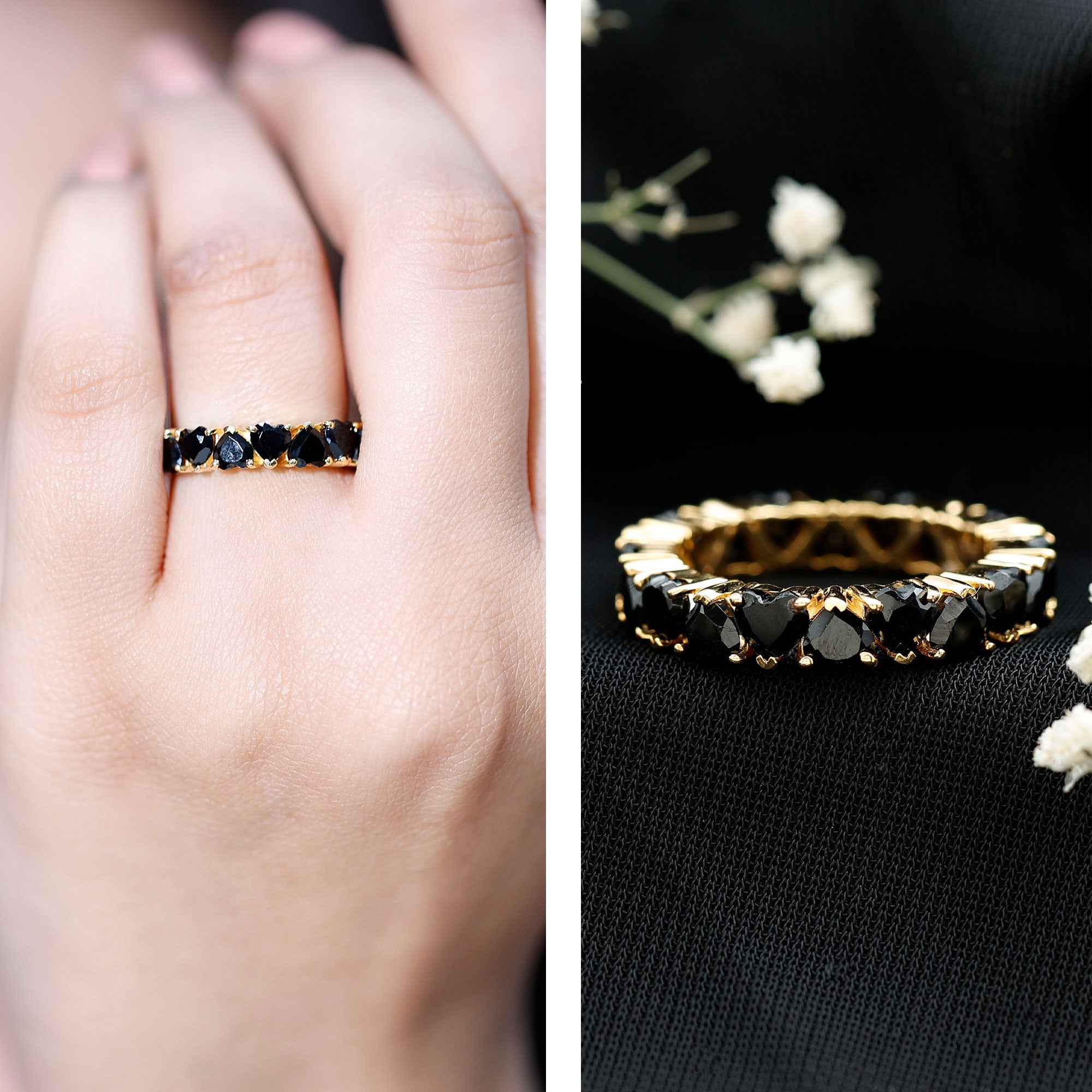 Heart Shaped Black Onyx Eternity Wedding Band AAA - Rosec Jewels