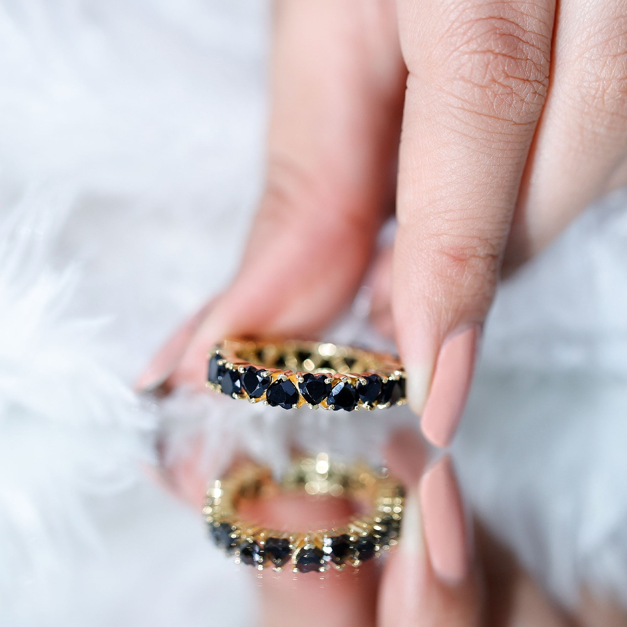 Heart Shaped Black Onyx Eternity Wedding Band AAA - Rosec Jewels